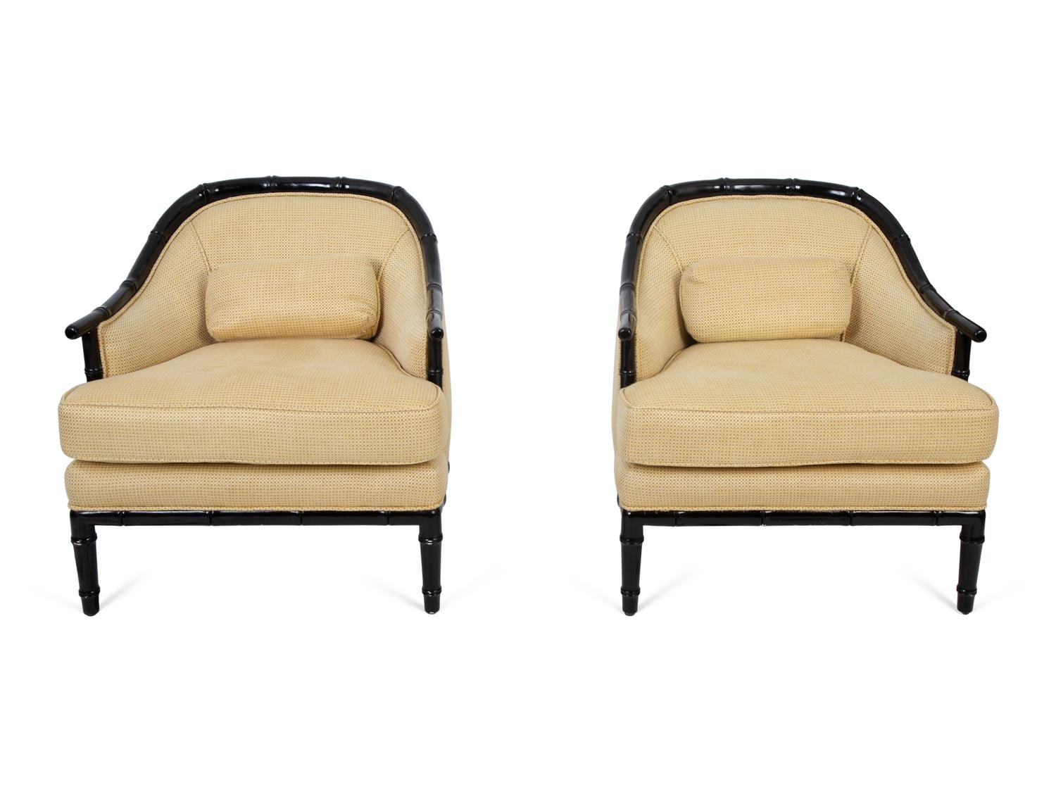 A Pair of Bamboo-Carved Black Lacquered Club Chairs — 20TH CENTURY