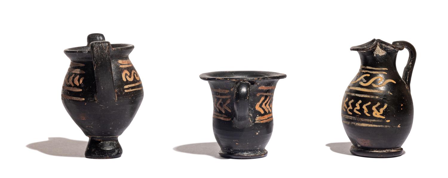 Three Xenon-Ware Miniature Black-Glazed Kantharoi