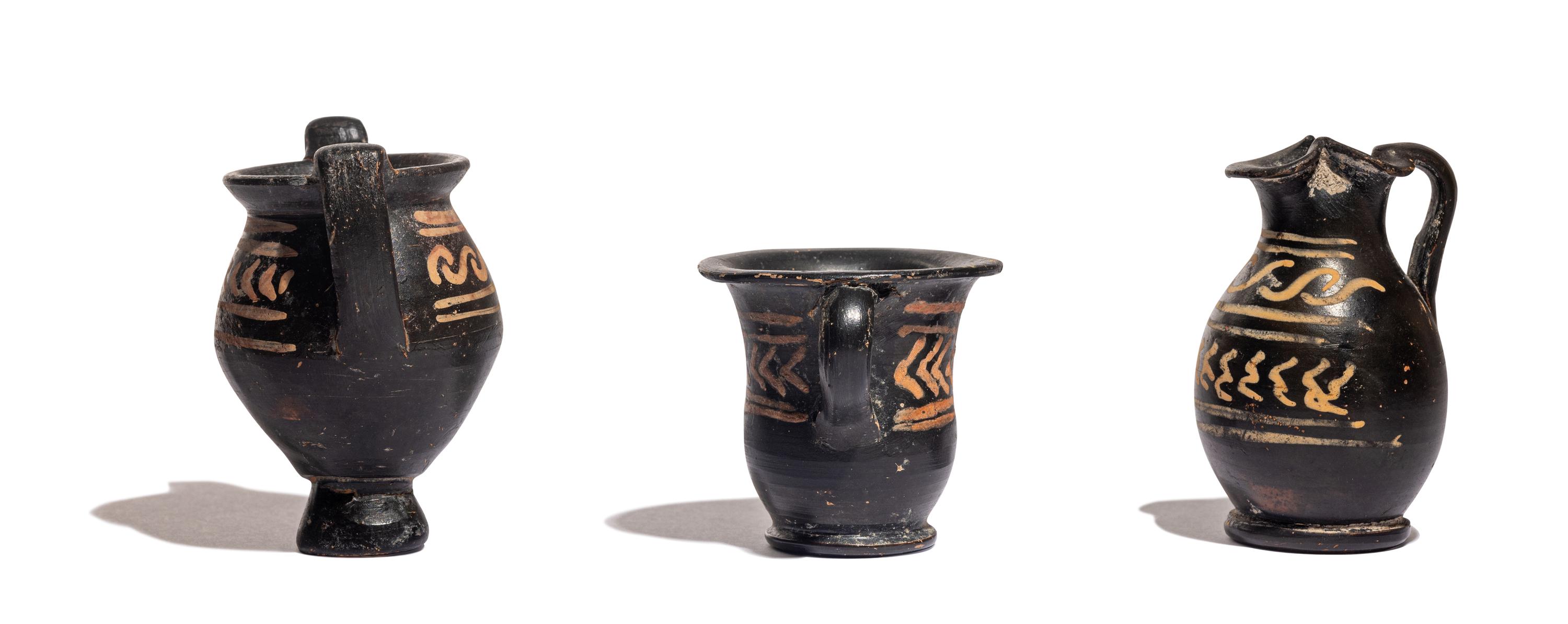 Three Xenon-Ware Miniature Black-Glazed Kantharoi