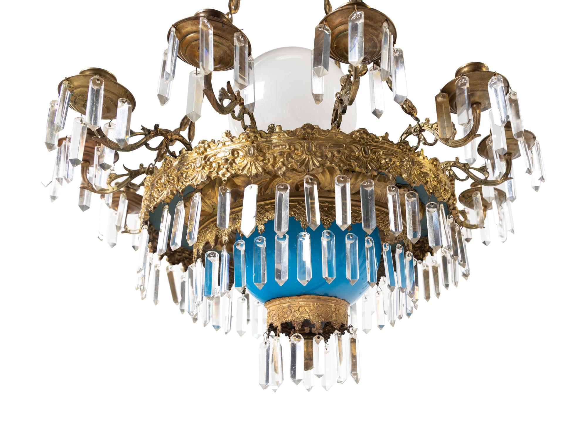 A French Opaline Glass and Gilt Metal Twelve-Light Chandelier