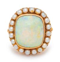A Yellow Gold, Opal and Cultured Pearl Ring,