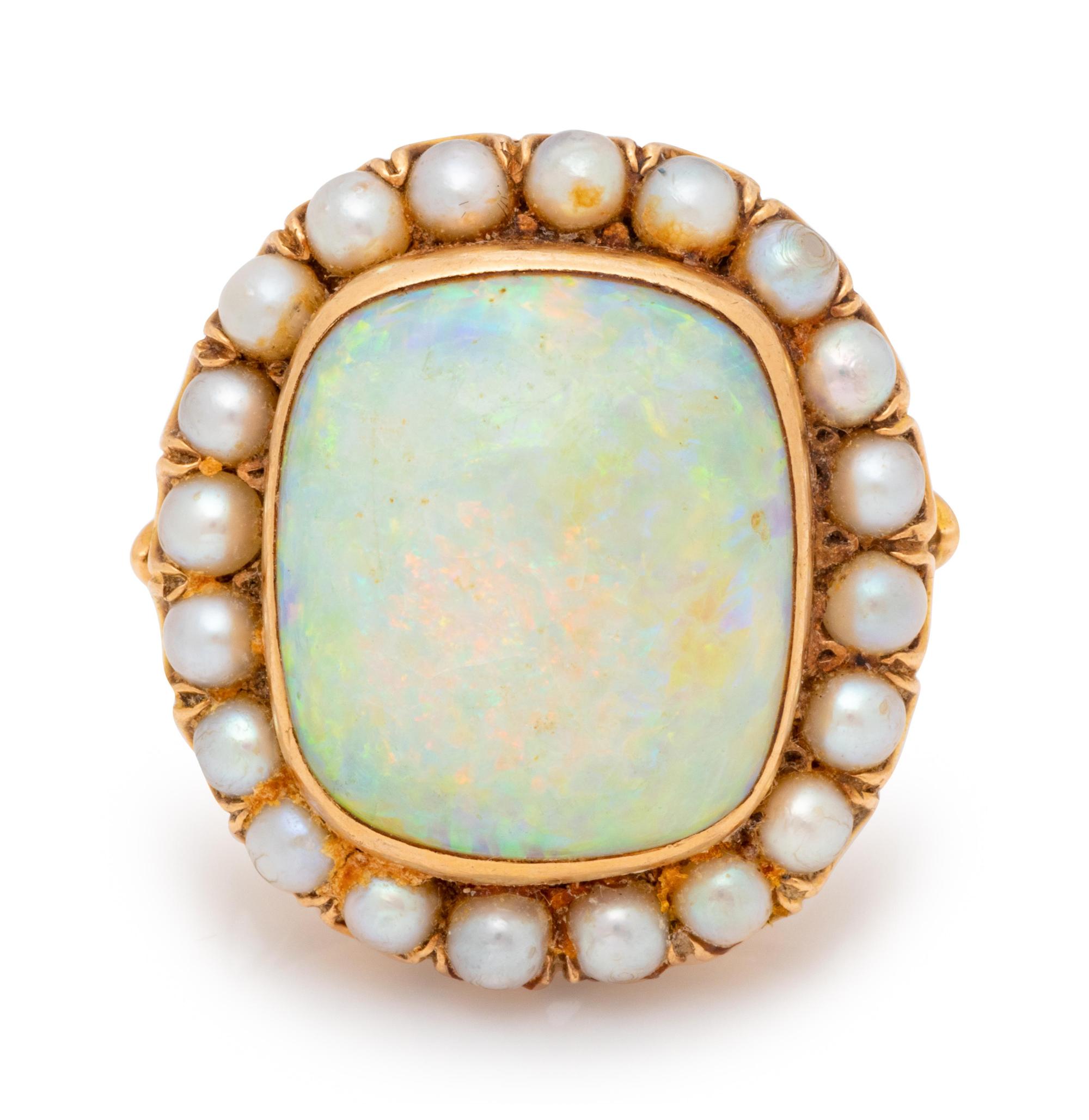 A Yellow Gold, Opal and Cultured Pearl Ring,