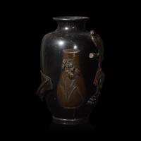 A Japanese Mixed Metal Vase with Hawk, Elephant, and Censer, Seiya Company, Meiji/Taisho Period 日本明治/大正時期 誠谷作鷹象銅瓶