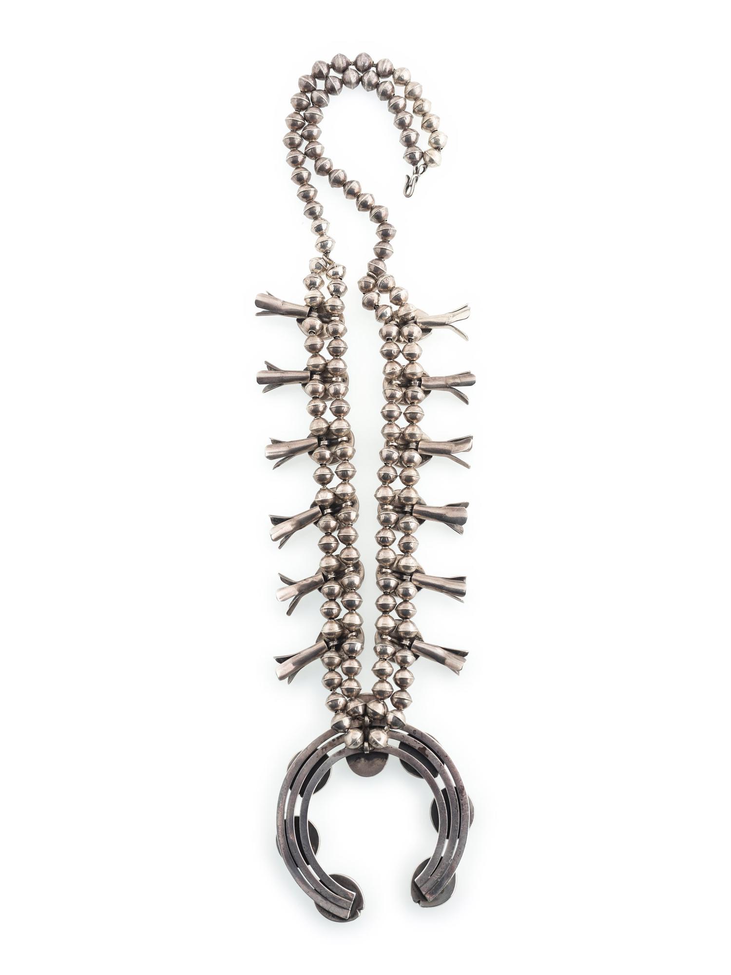 Navajo Silver and Coral Squash Blossom Necklace