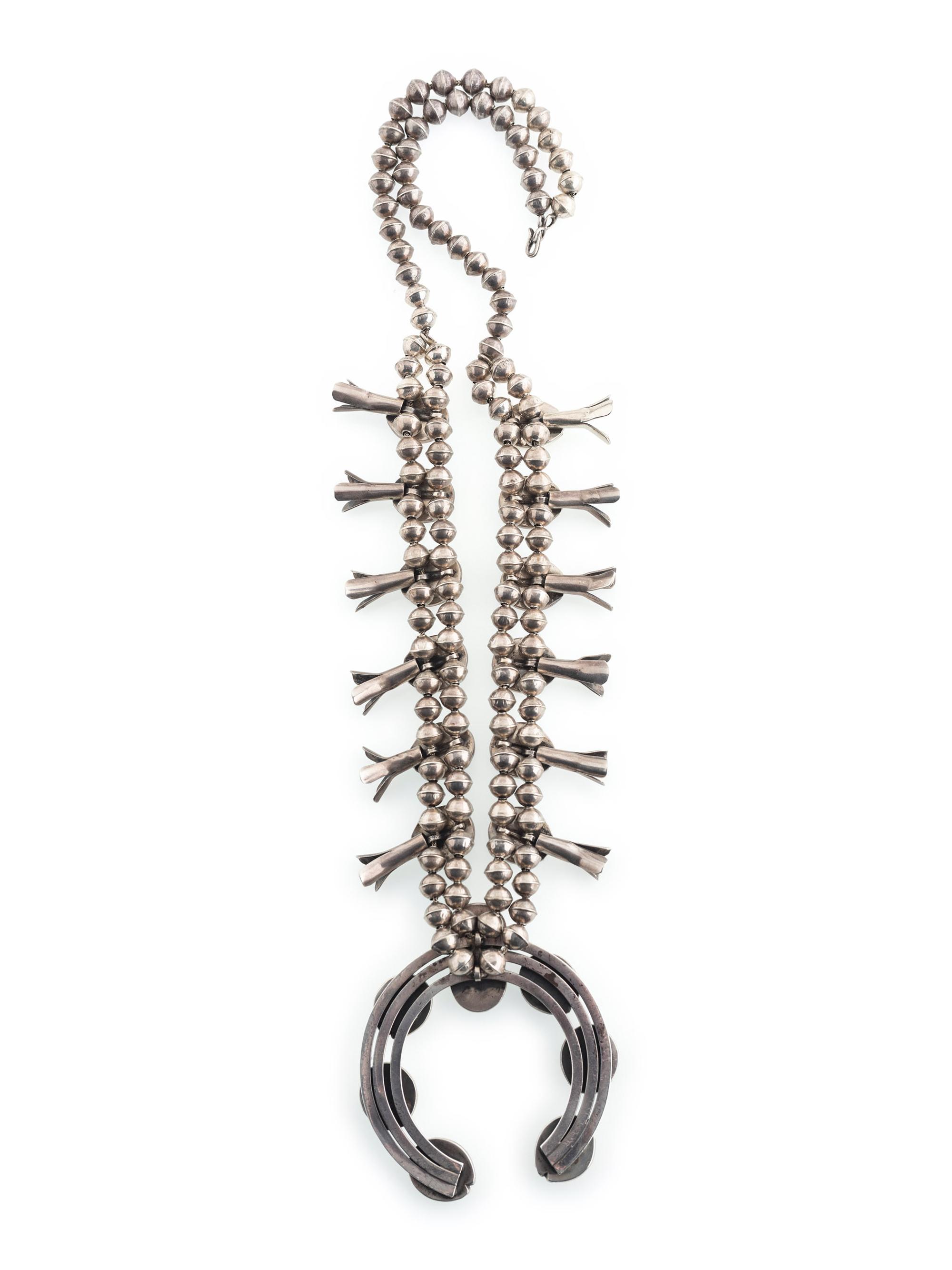 Navajo Silver and Coral Squash Blossom Necklace