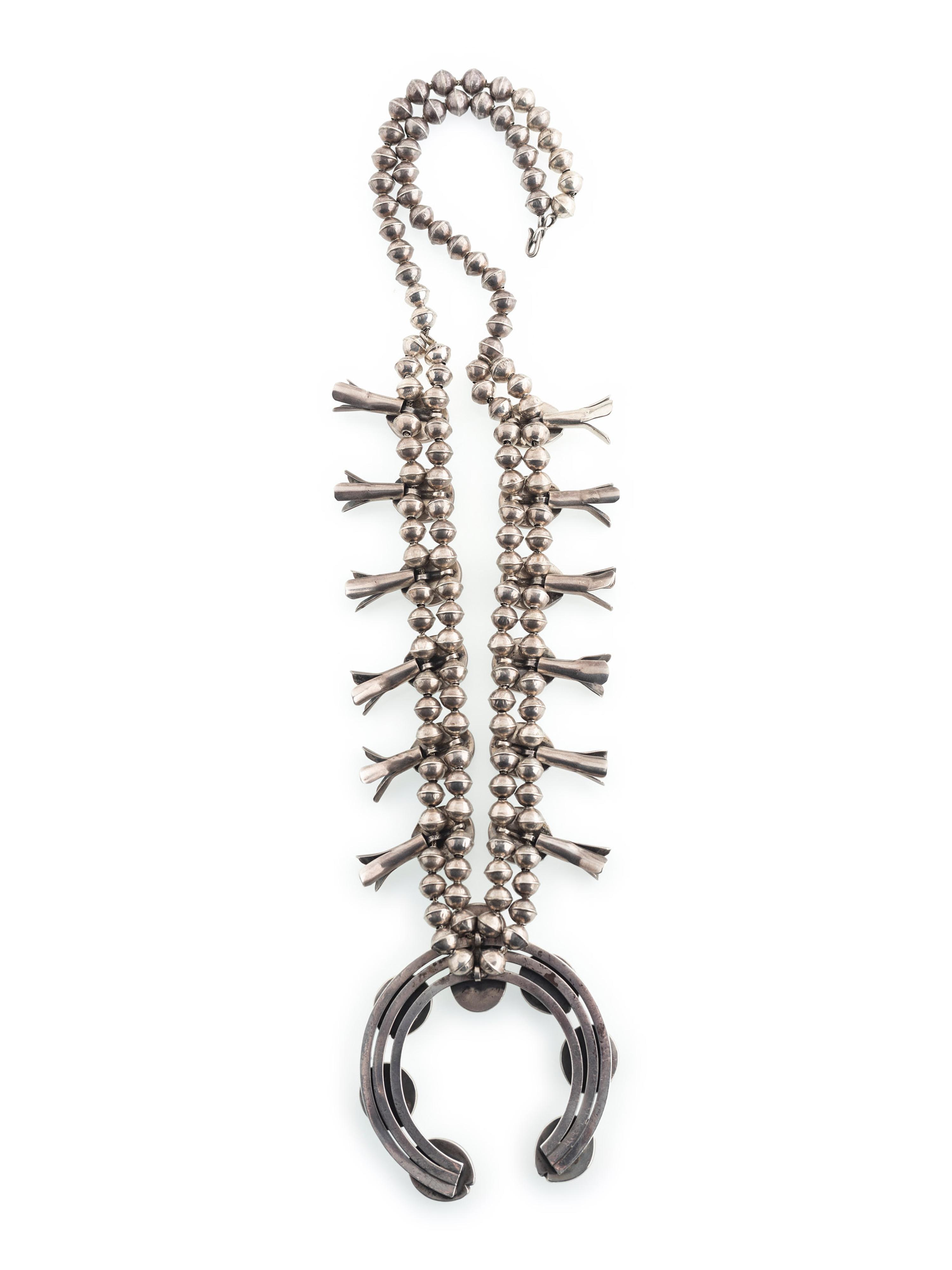 Navajo Silver and Coral Squash Blossom Necklace