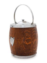 A Victorian Silver-Plate Mounted Oak Biscuit Barrel