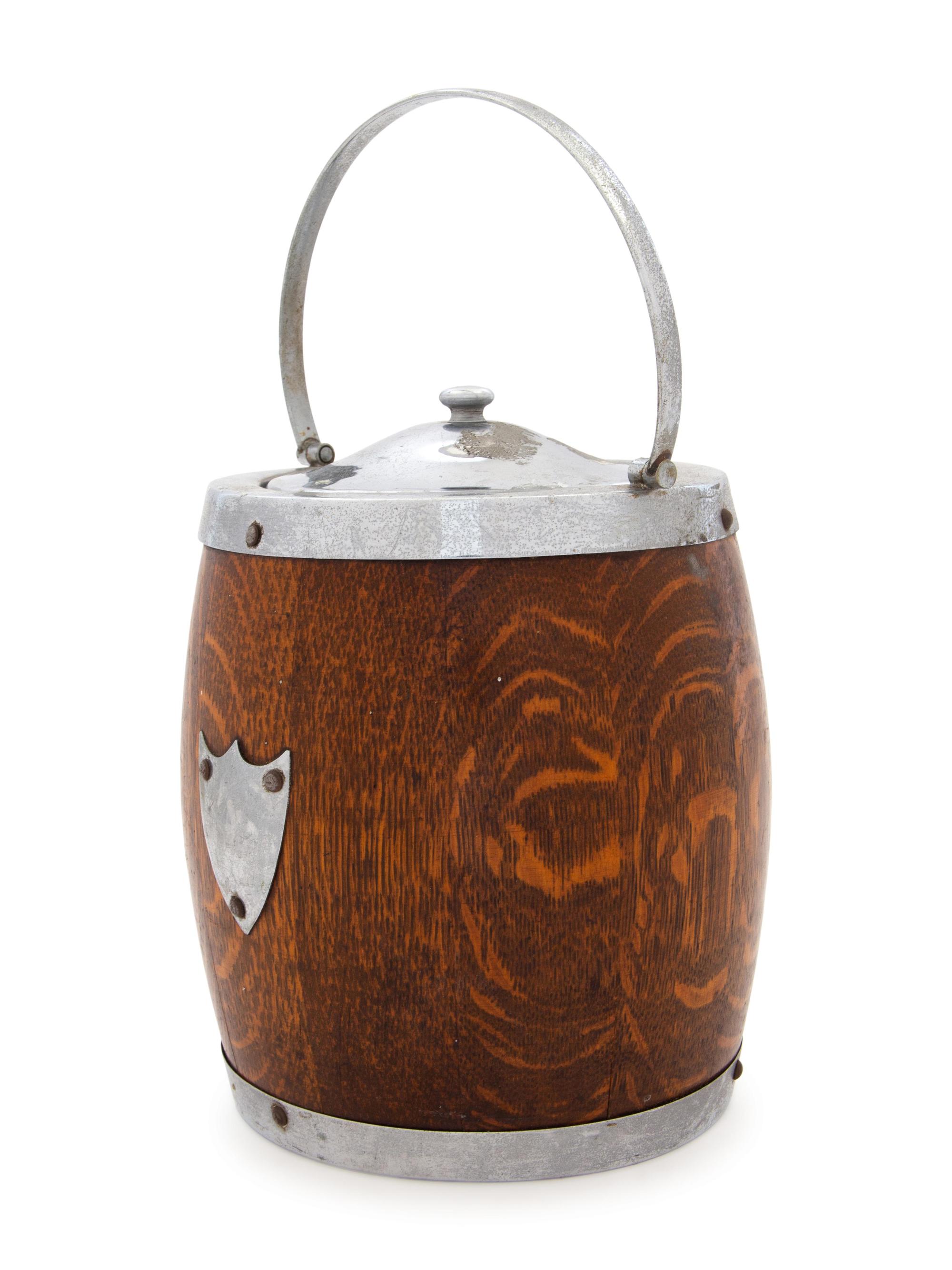 A Victorian Silver-Plate Mounted Oak Biscuit Barrel
