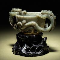 A Grey and Celadon Jade 'Dragon' Handled Cup