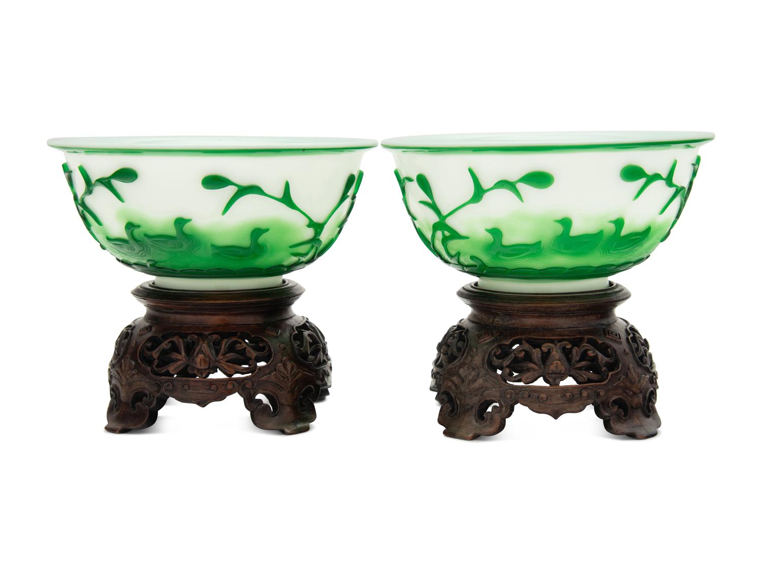 A Pair of Chinese Green Overlay White Peking Glass Bowls