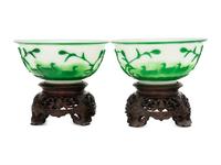 A Pair of Chinese Green Overlay White Peking Glass Bowls
