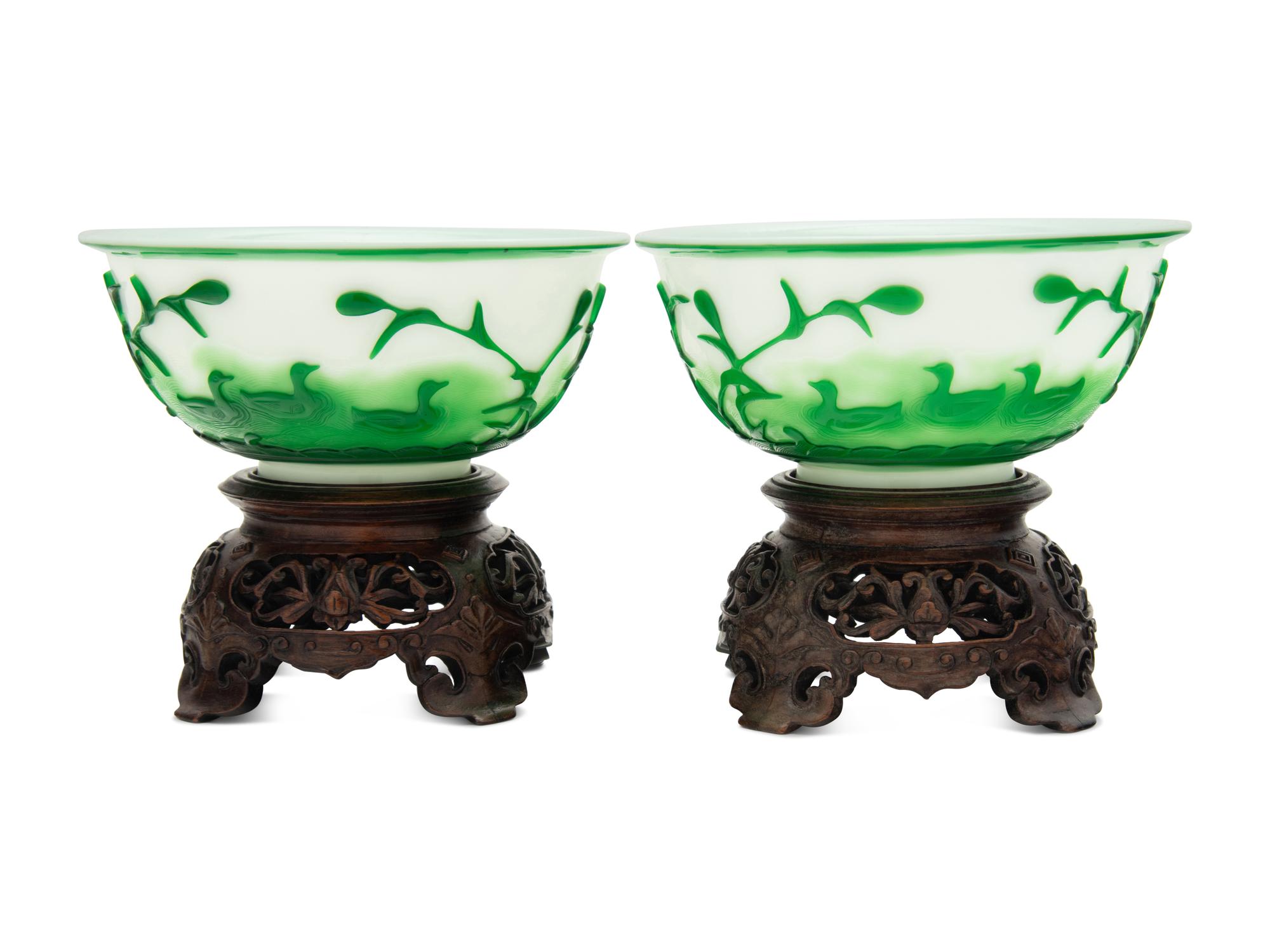 A Pair of Chinese Green Overlay White Peking Glass Bowls