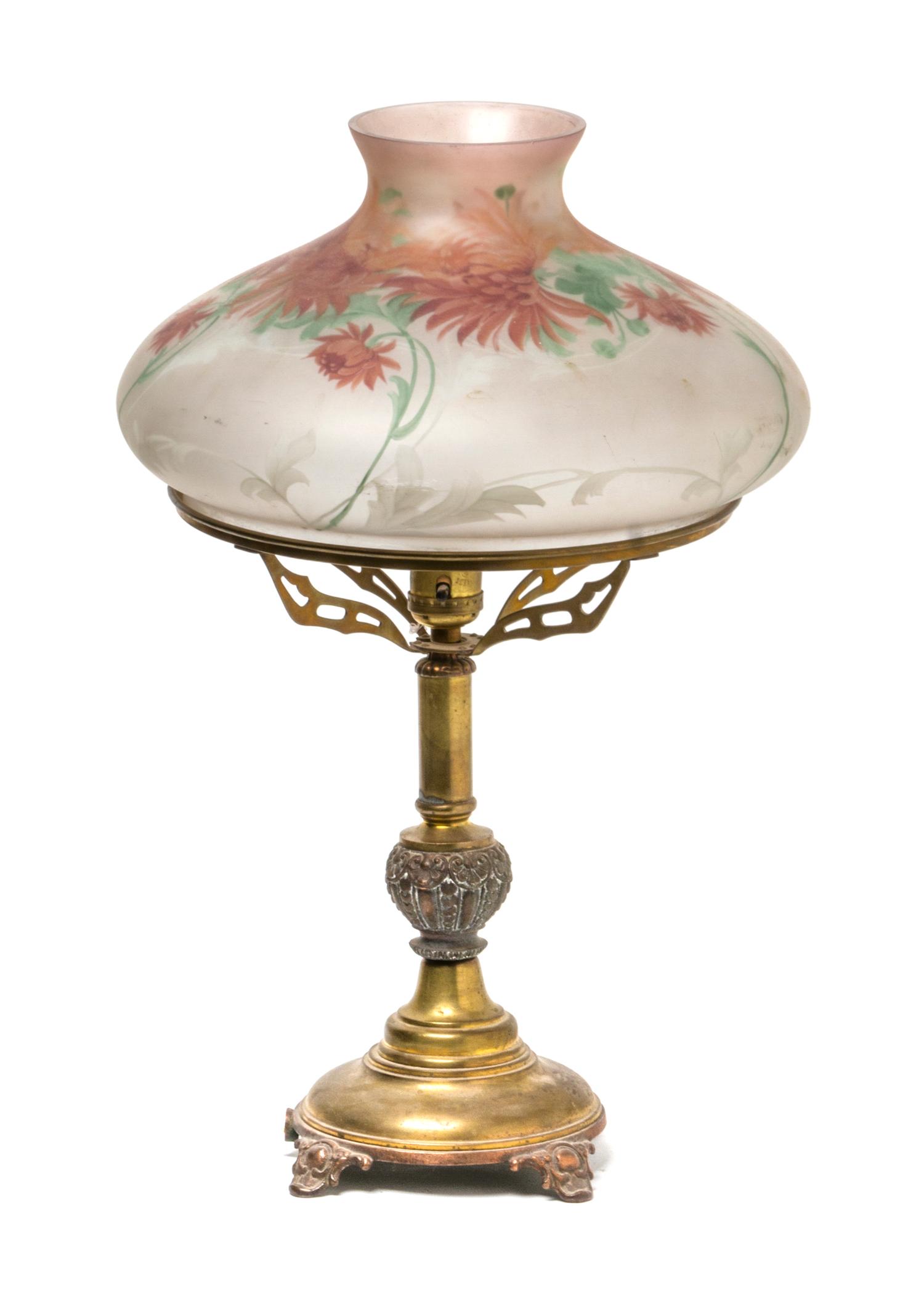 A Handel Reverse Painted Desk Lamp, Diameter of shade 12 inches.