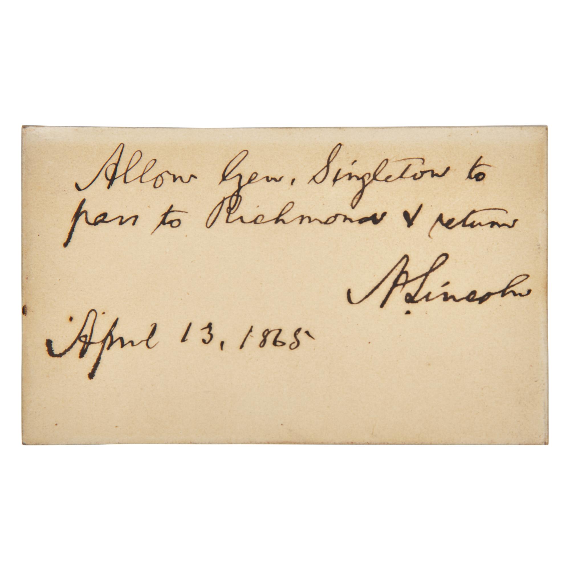 [Lincoln, Abraham] Lincoln, Abraham. Autograph Note, signed