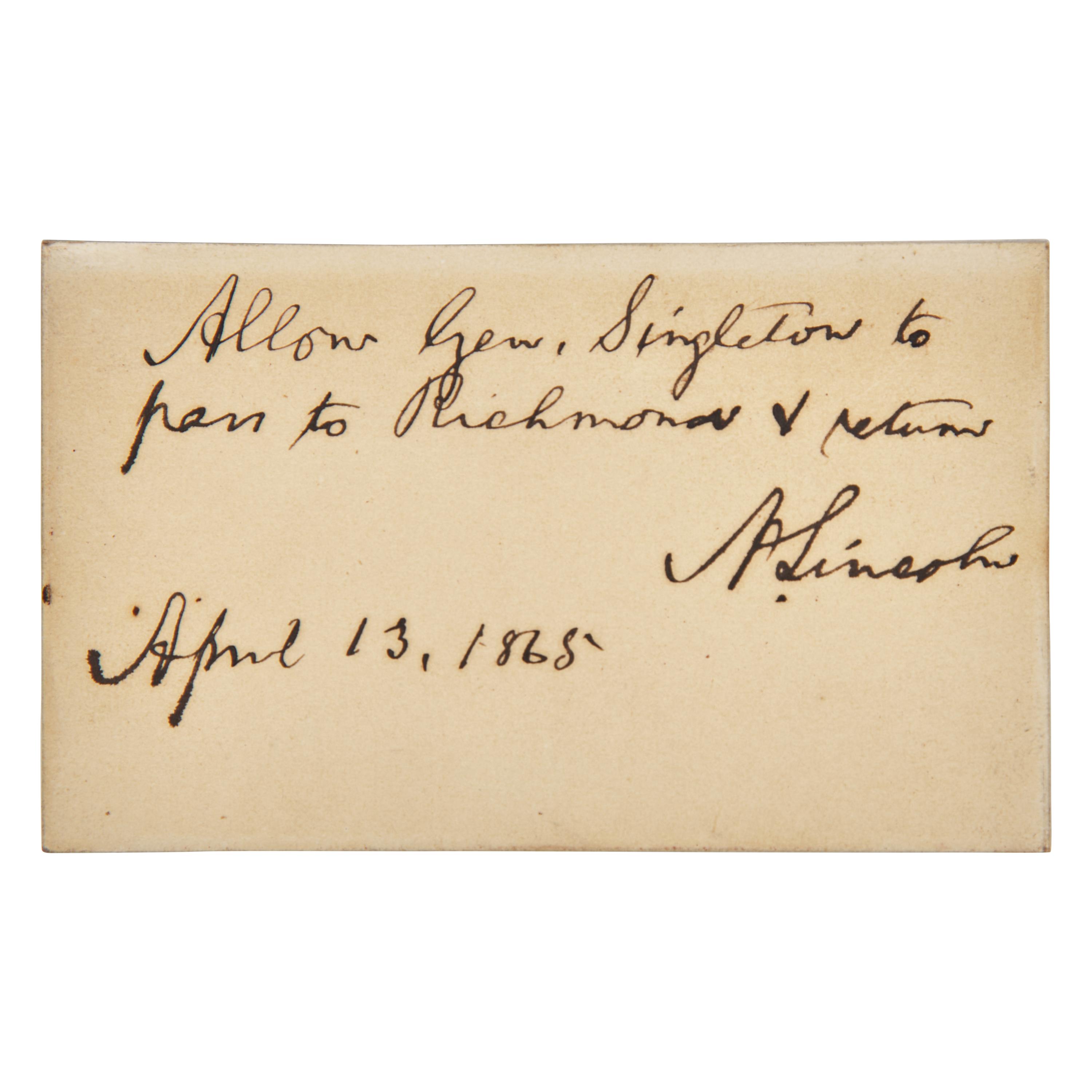 [Lincoln, Abraham] Lincoln, Abraham. Autograph Note, signed