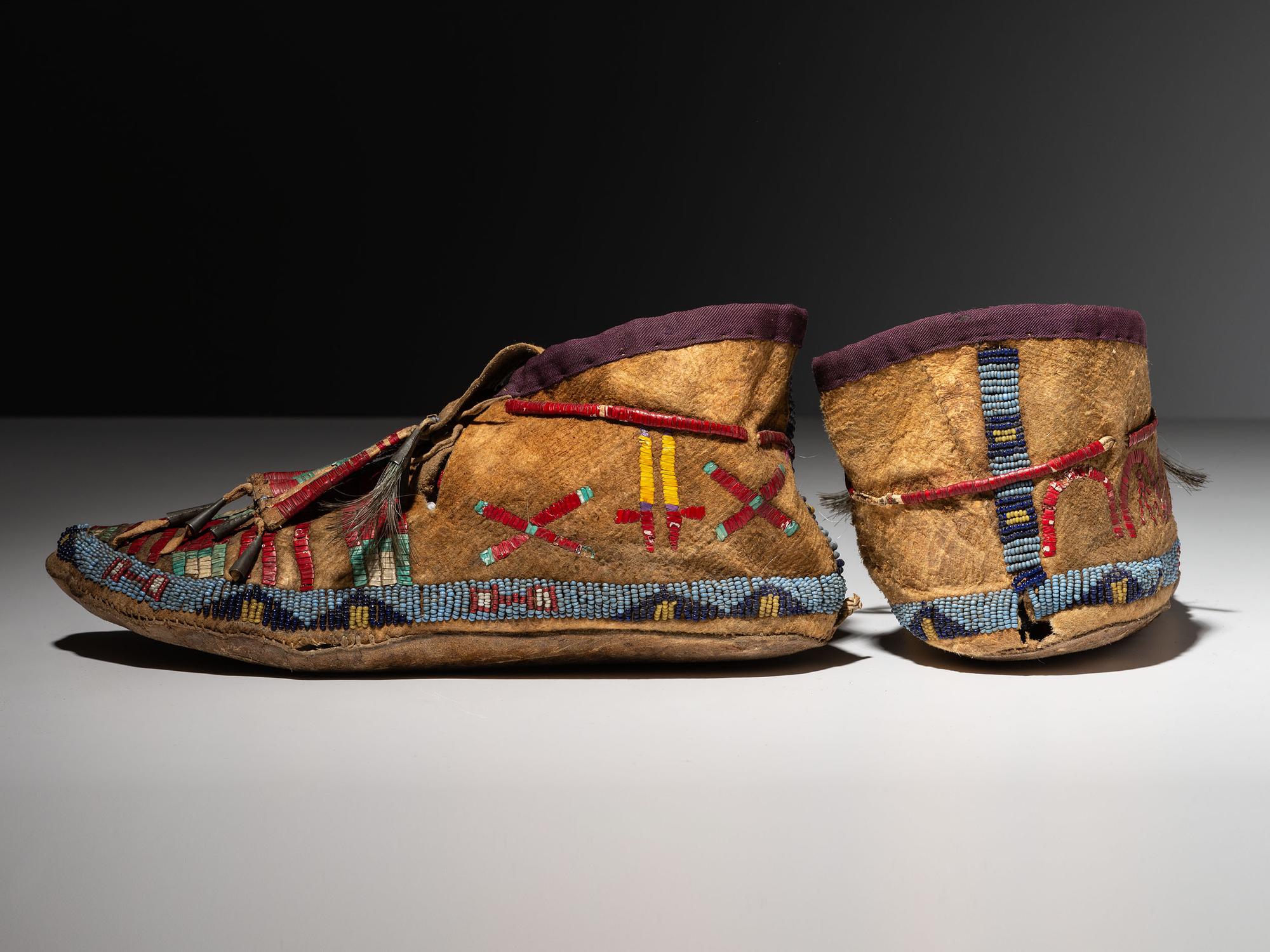 Sioux Quilled and Beaded Hide Moccasins, with Horse Tracks and Honor Wounds