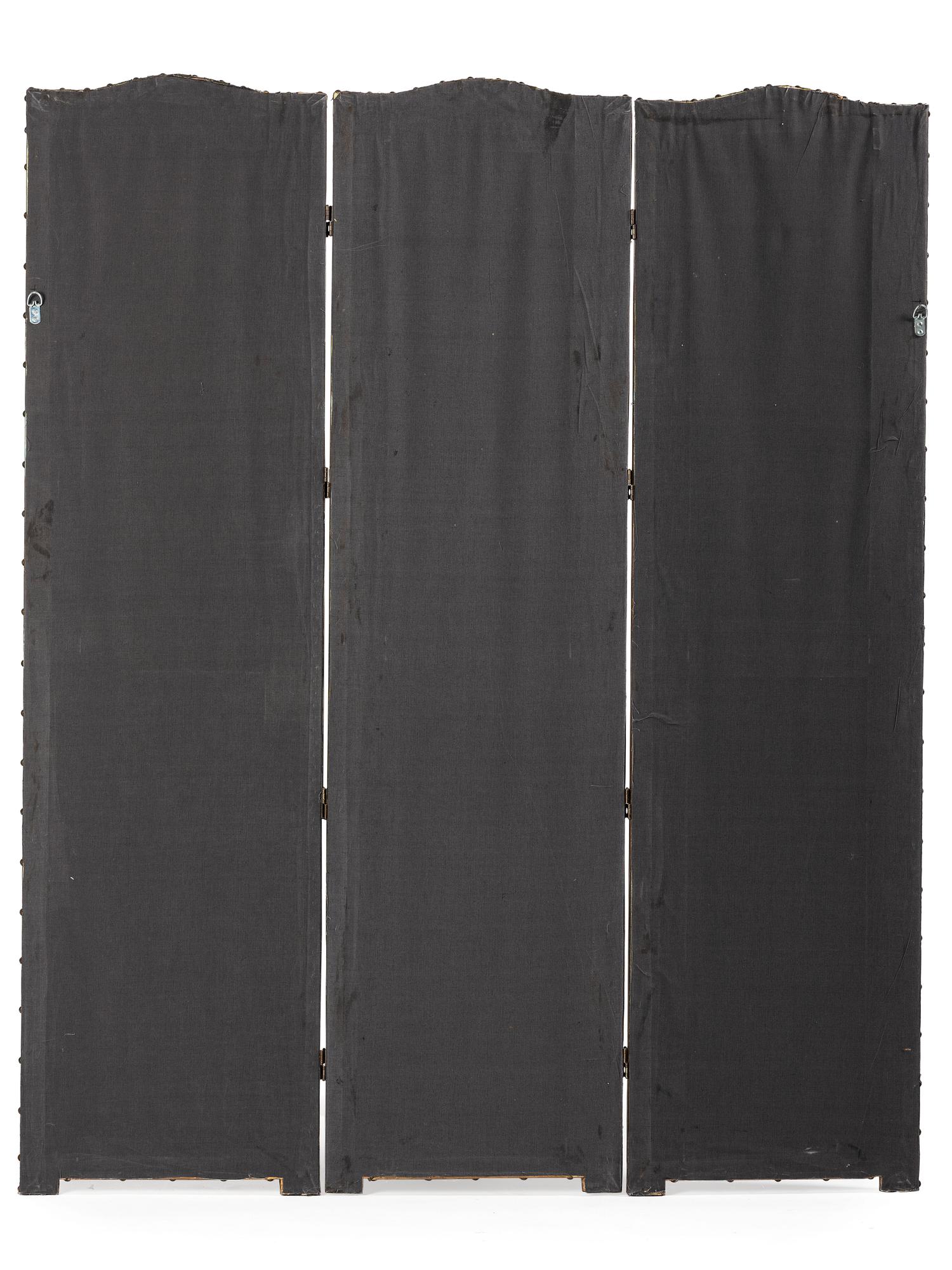 A Regency Style Painted Leather Three-Panel Floor Screen