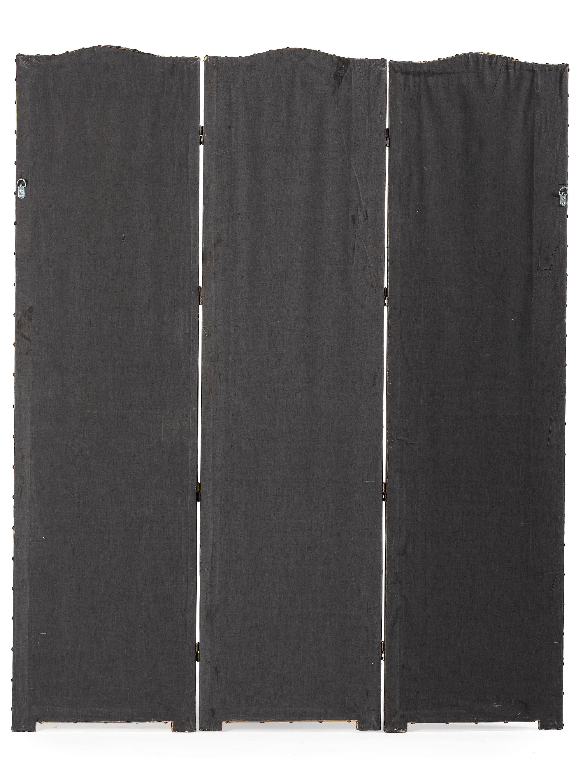 A Regency Style Painted Leather Three-Panel Floor Screen