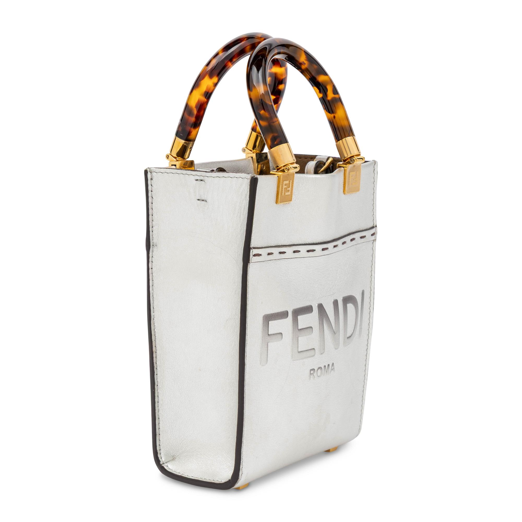 Fendi, Metallic Silver Mini Sunshine Shopper Tote