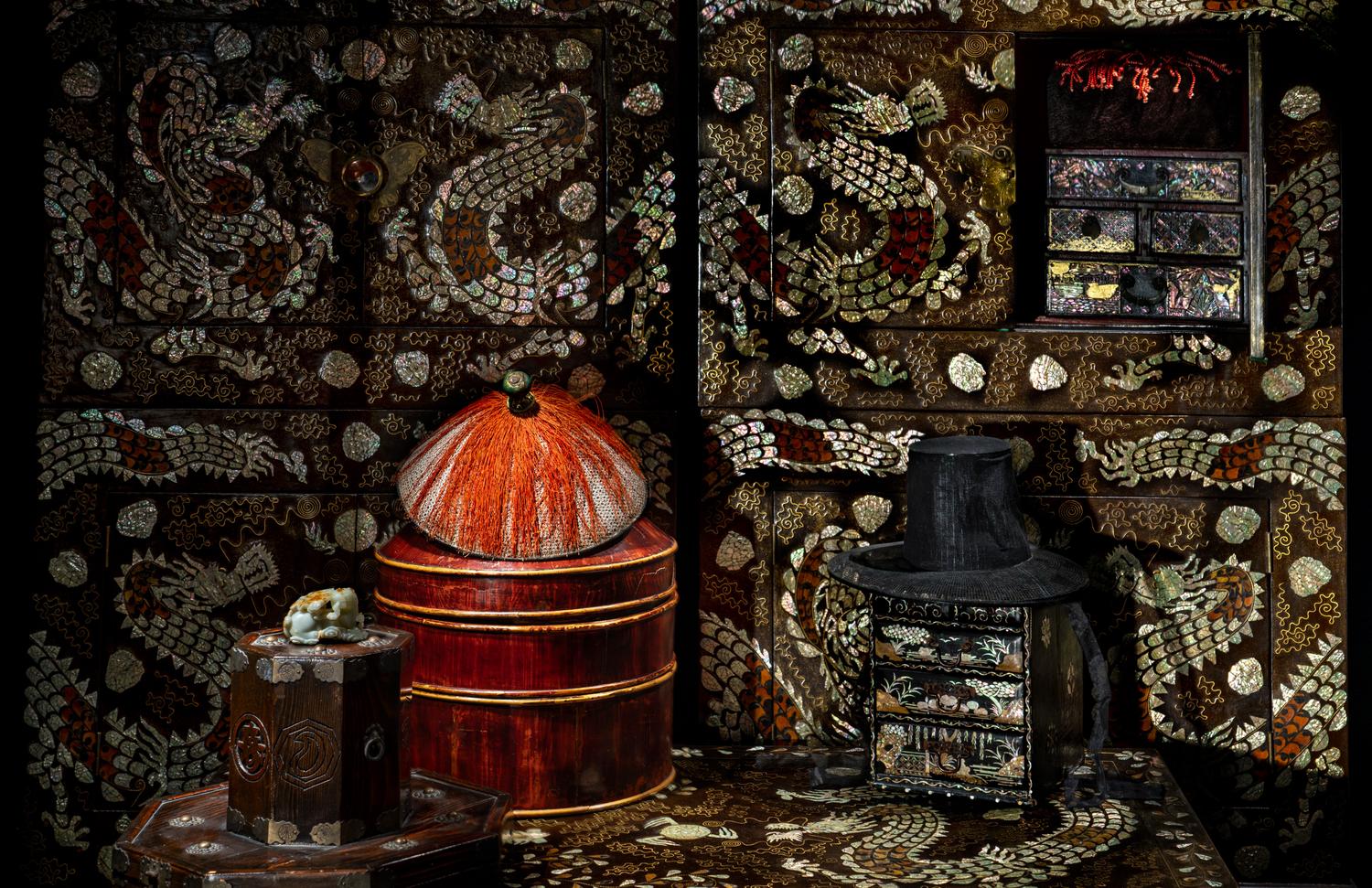 A Fine Pair of Korean Two-Tiered Mother-of-Pearl, Shagreen, and Wire Inlaid Cabinets