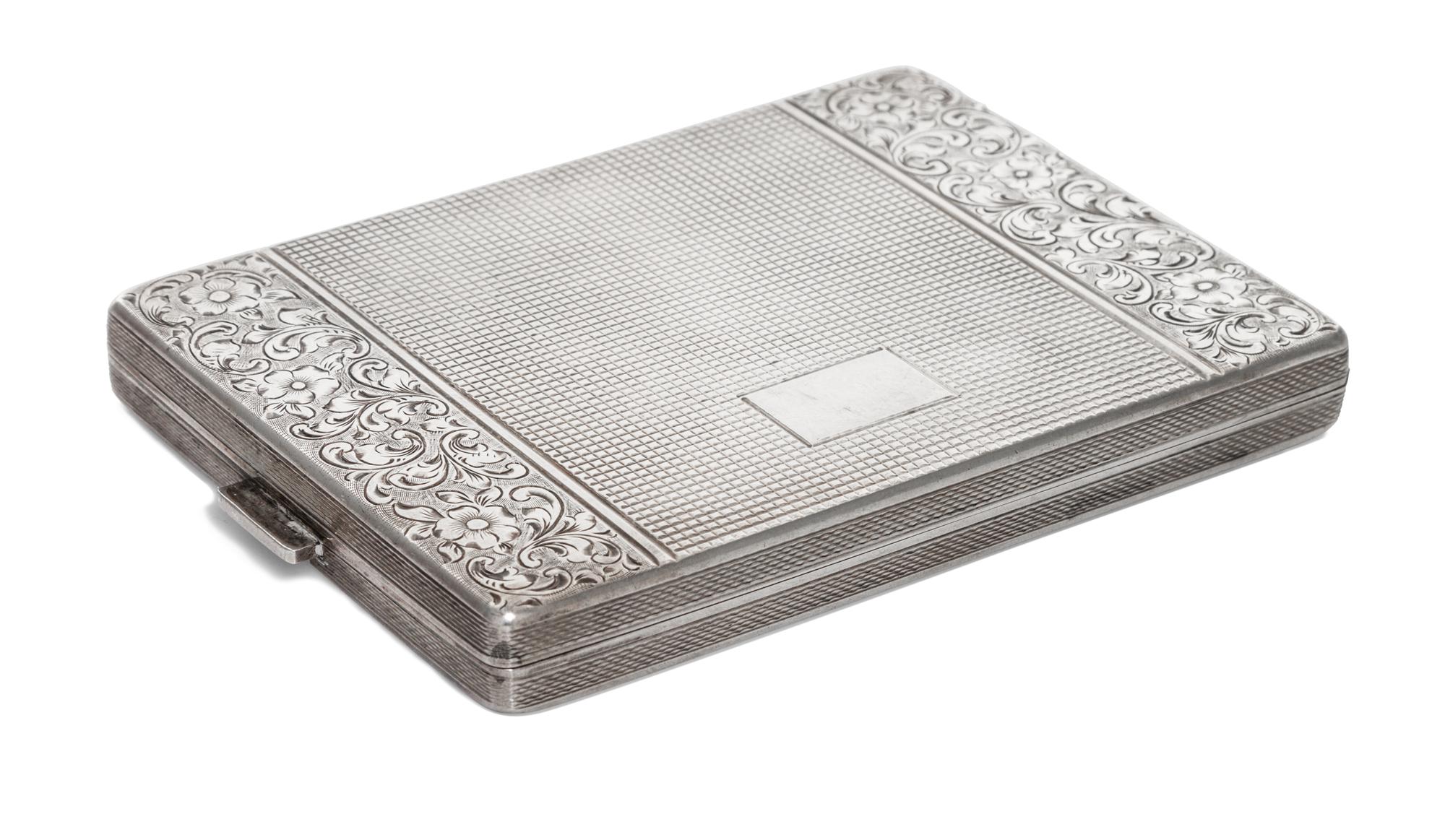 A Silver-Plate Cigarette Case, 20th Century, of rectangular hinged form with foliate and textured external decoration and gilt interior