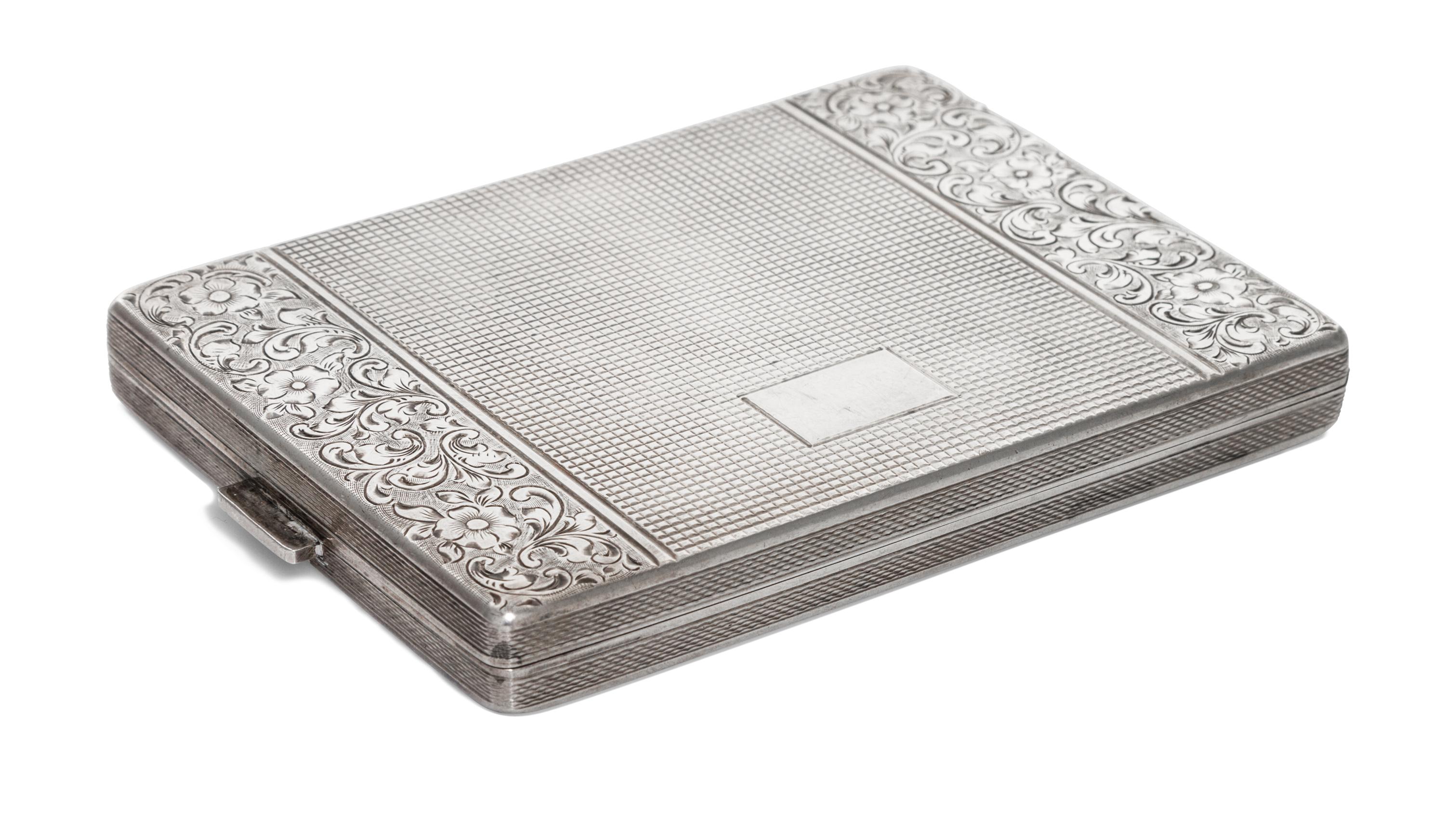 A Silver-Plate Cigarette Case, 20th Century, of rectangular hinged form with foliate and textured external decoration and gilt interior