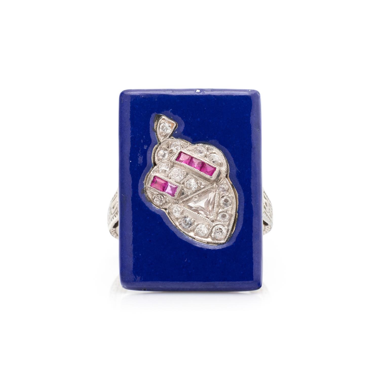 ANTIQUE, DIAMOND, RUBY AND ENAMEL ACORN RING