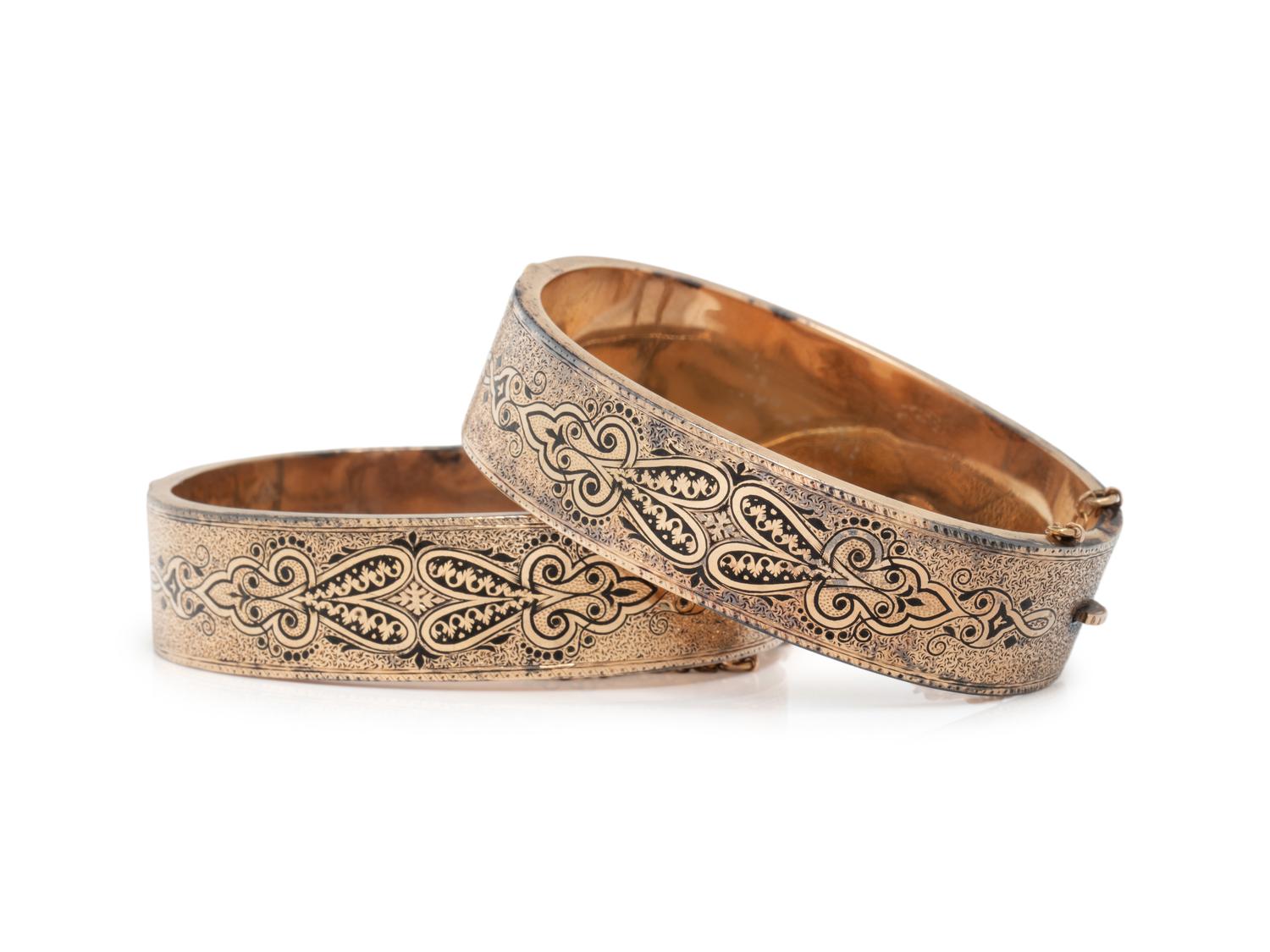 VICTORIAN, PAIR OF GOLD-FILLED AND TAILLE D'EPARGNÉ ENAMEL BANGLE BRACELETS