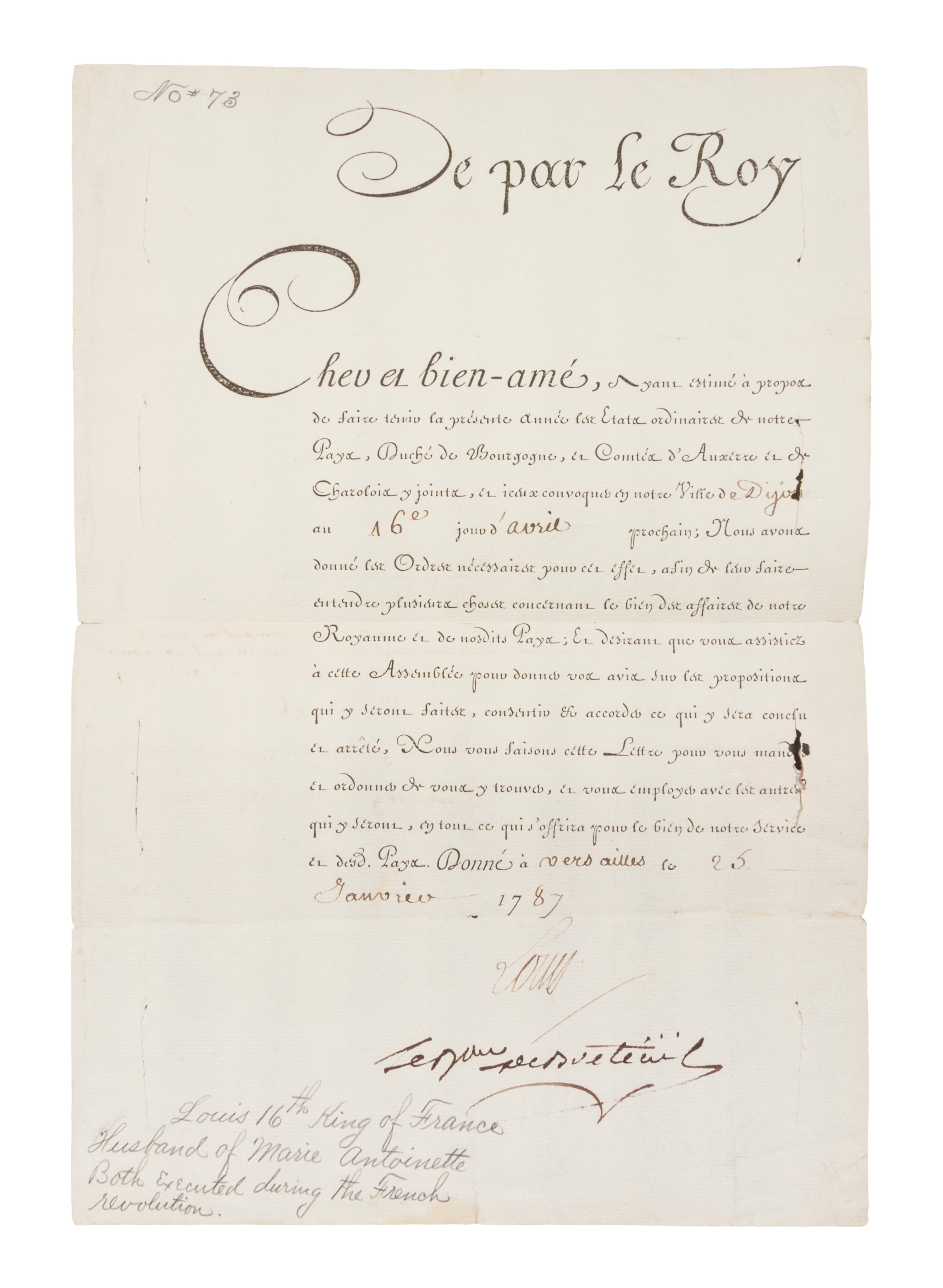LOUIS XVI. Document signed, one page, in a secretarial hand, January 25, 1787.