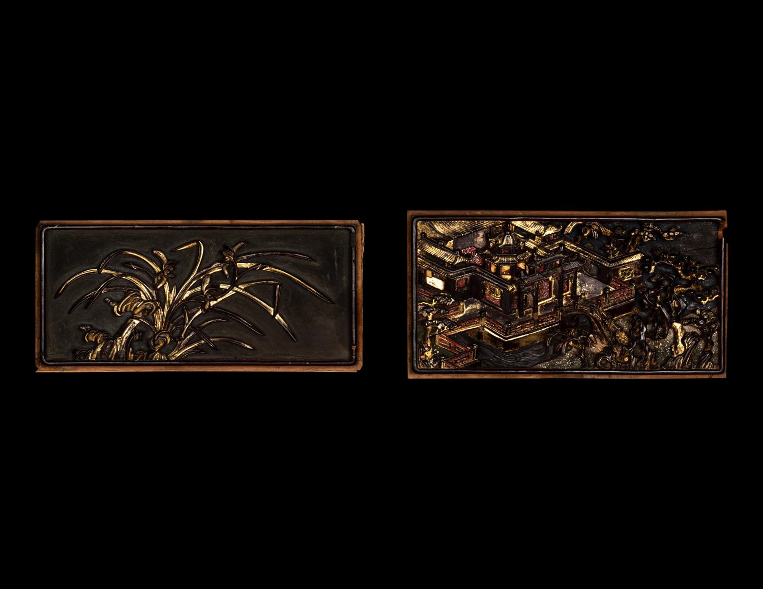 Five Chinese Gilt and Lacquered Carved Wood Panels