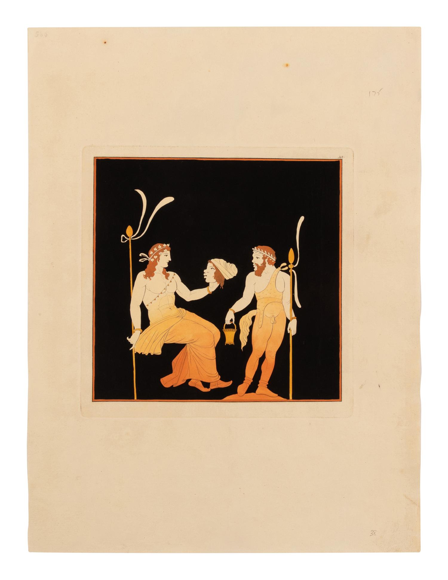 HAMILTON, William (1730-1803). -- HANCARVILLE, Pierre-Francois Hugues d' (1719-1805). A group of 3 engravings from "Collection of Etruscan, Greek and Roman Antiquities from the Cabinet of the Hon. William Hamilton." Naples: Francois, Morelli, 1766-[1776].