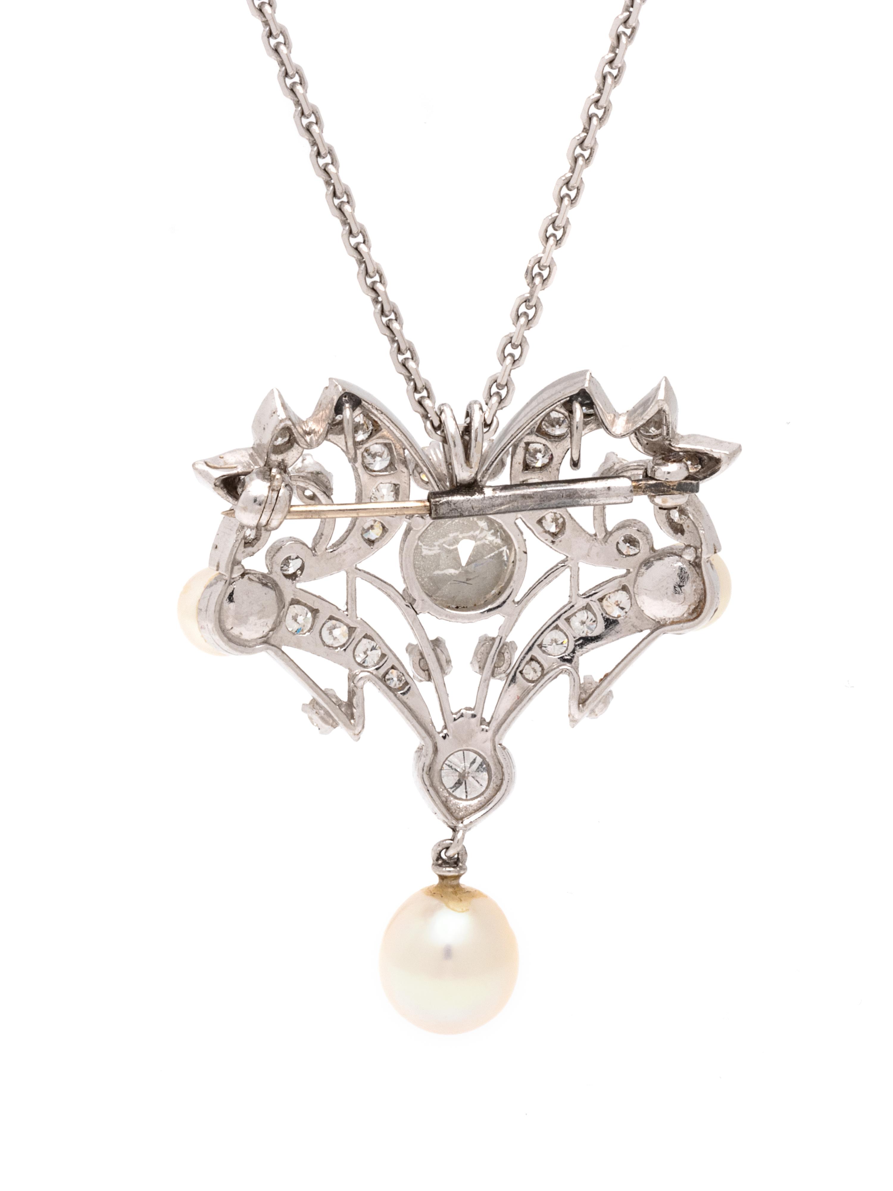 DIAMOND AND CULTURED PEARL PENDANT/BROOCH NECKLACE