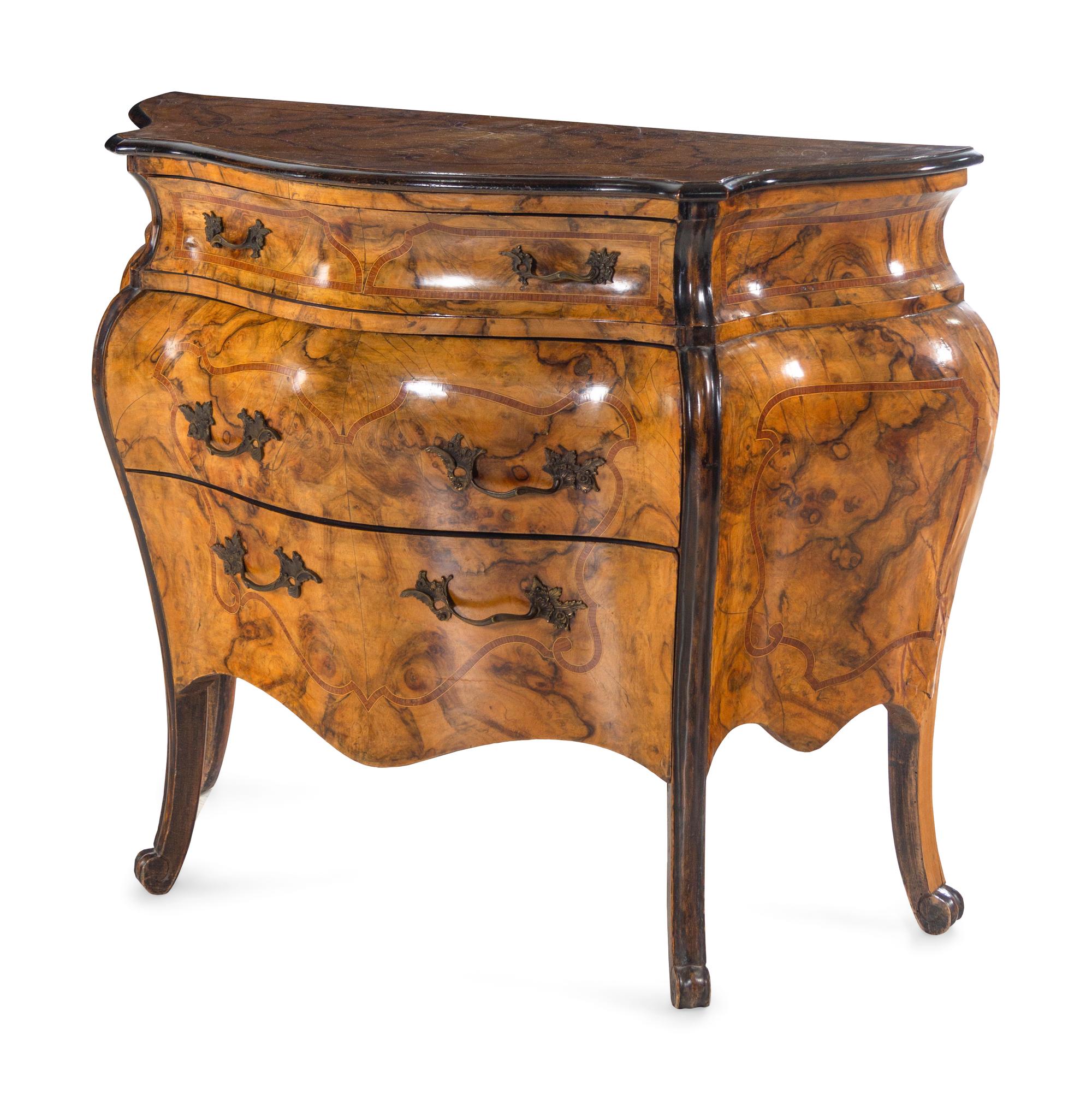 An Italian Rococo Satinwood Inlaid Burl Walnut Commode