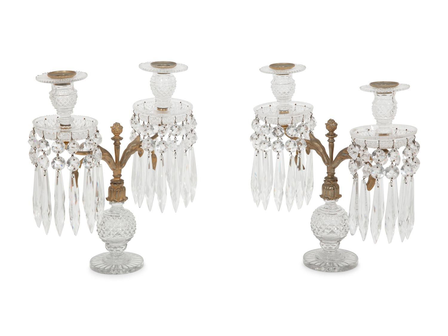 A Pair of Regency Style Gilt Bronze and Cut Glass Two-Light Candelabra