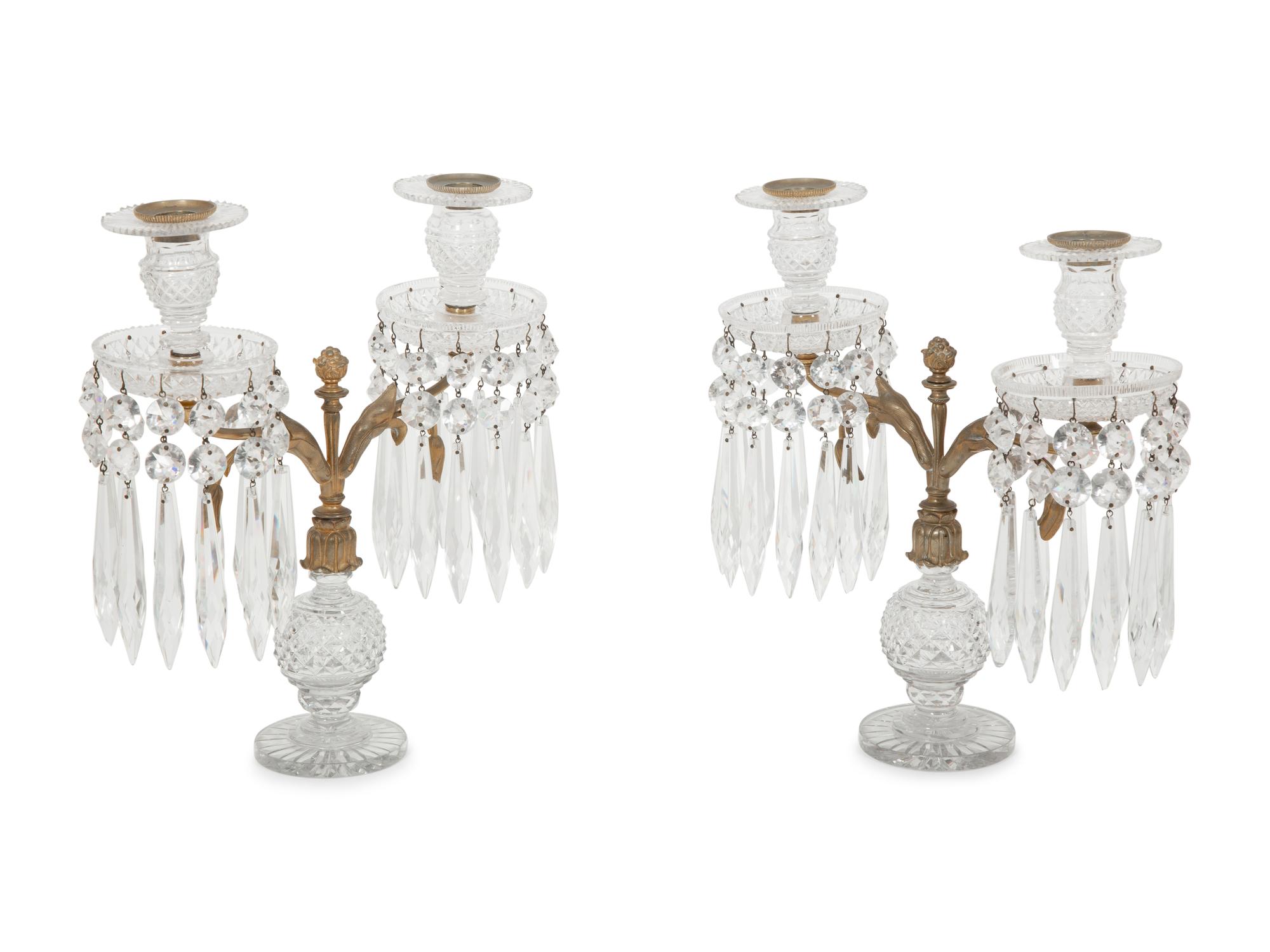 A Pair of Regency Style Gilt Bronze and Cut Glass Two-Light Candelabra