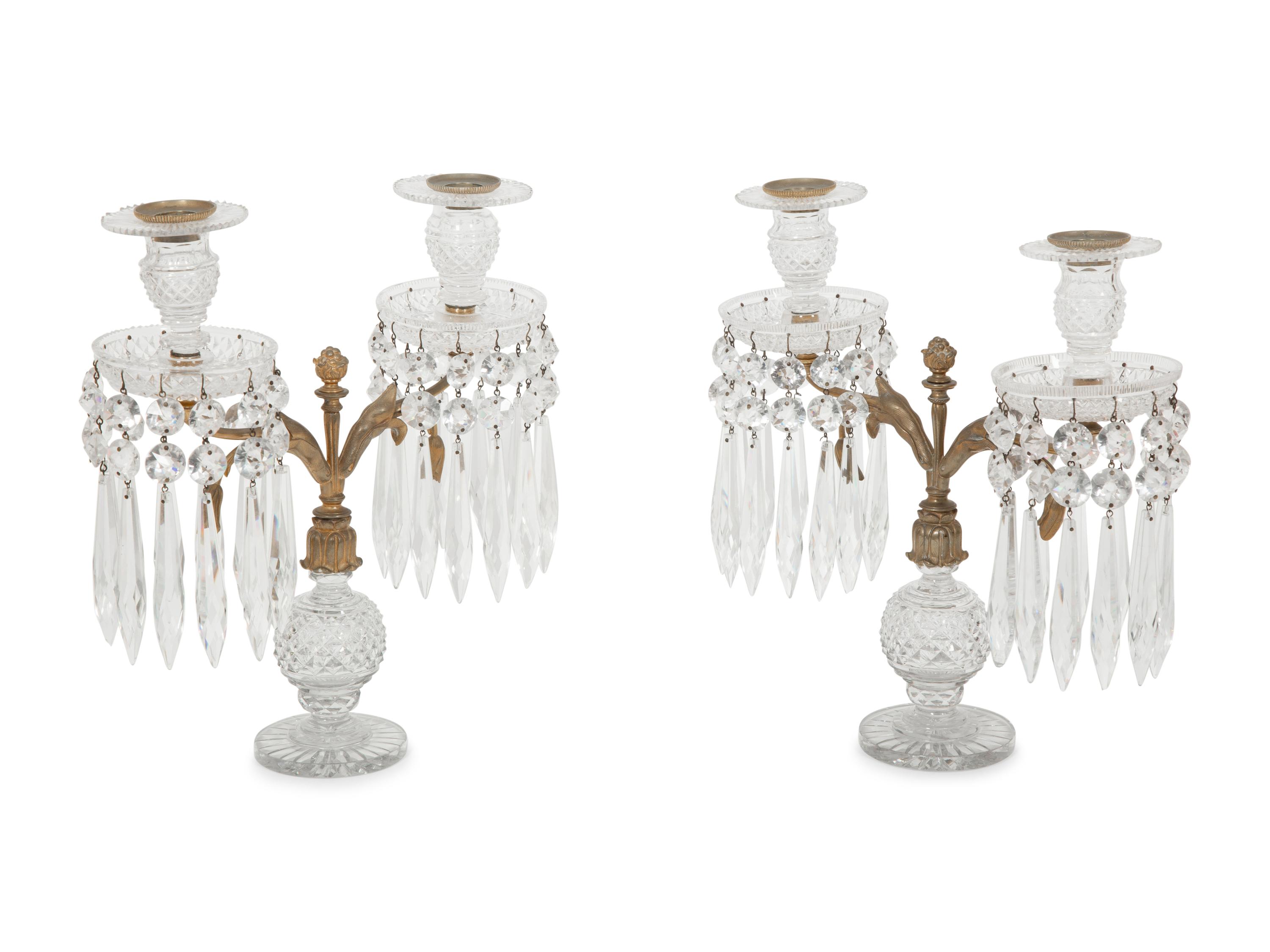 A Pair of Regency Style Gilt Bronze and Cut Glass Two-Light Candelabra