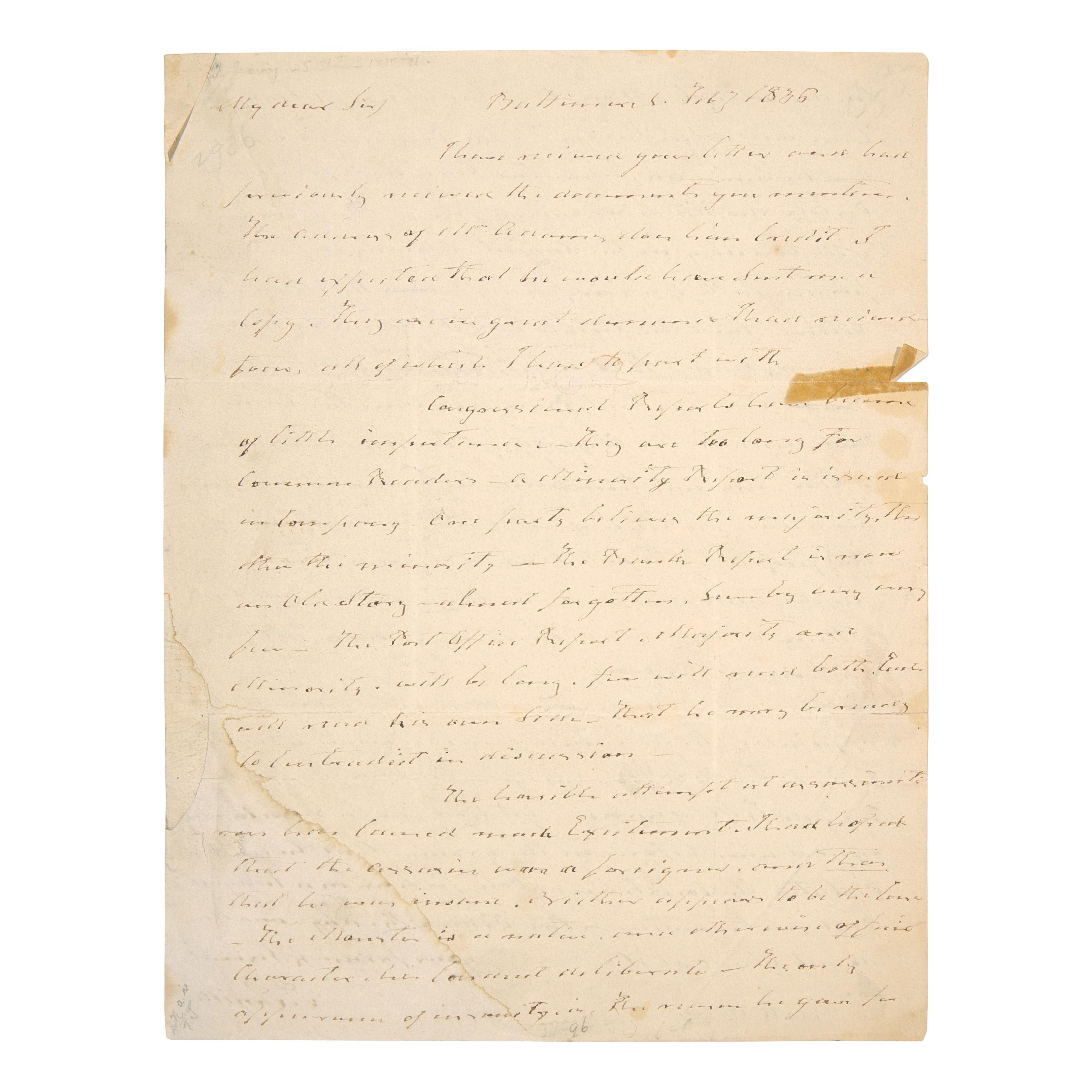[Jackson, Andrew (1767-1845)]. Smith, Robert (1757-1842). Autograph letter signed ("R. Smith"), Baltimore, 7 February 1835.