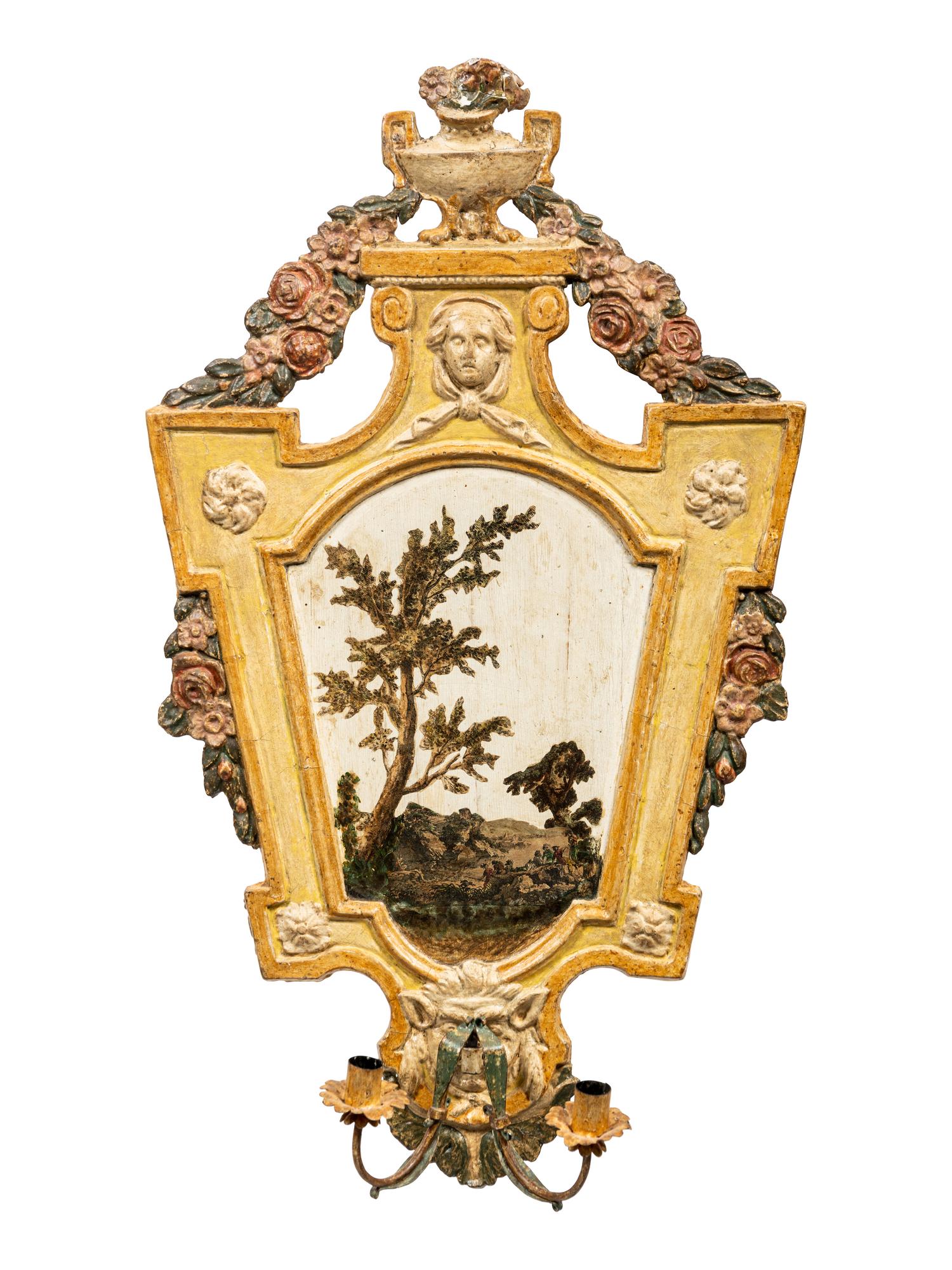 A Pair of North Italian Polychrome-Painted Two-Light Sconces