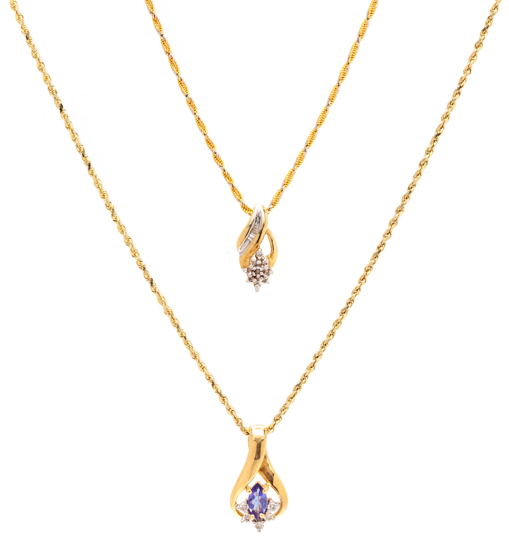 A Collection of Yellow Gold and Diamond Pendant/Necklaces,