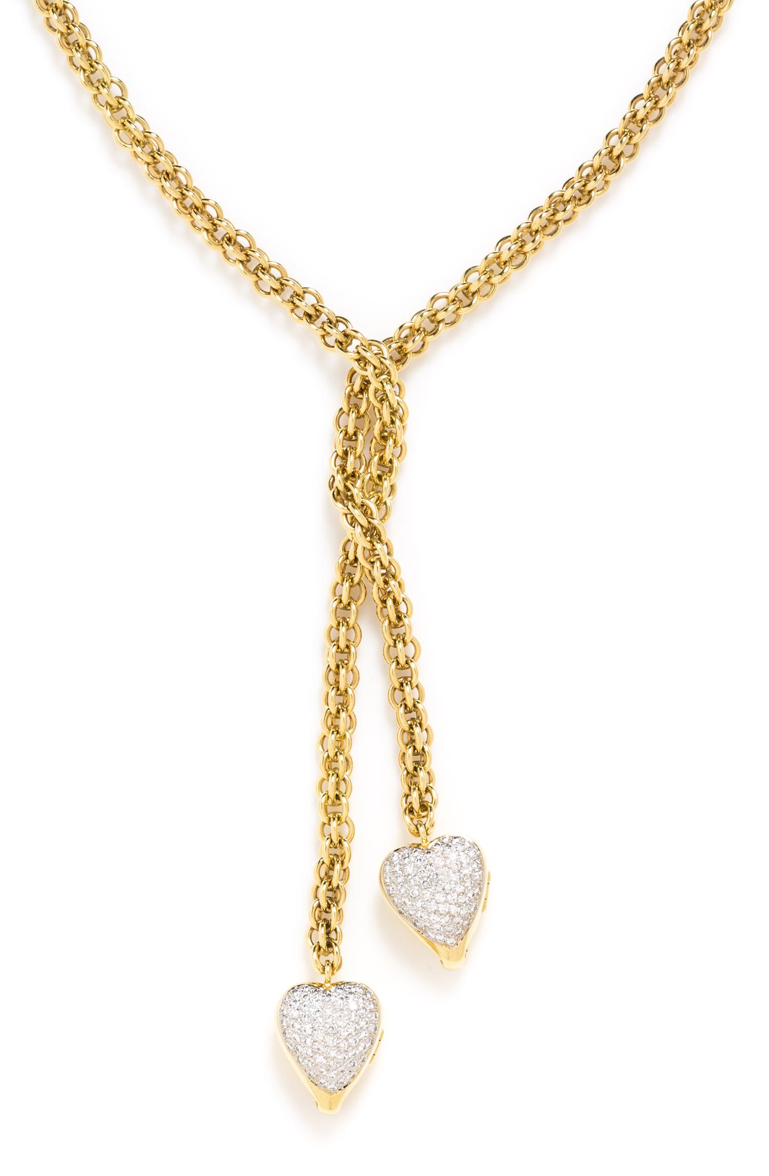 A Yellow Gold and Diamond Heart Motif Lariat Necklace, 91.80 dwts.