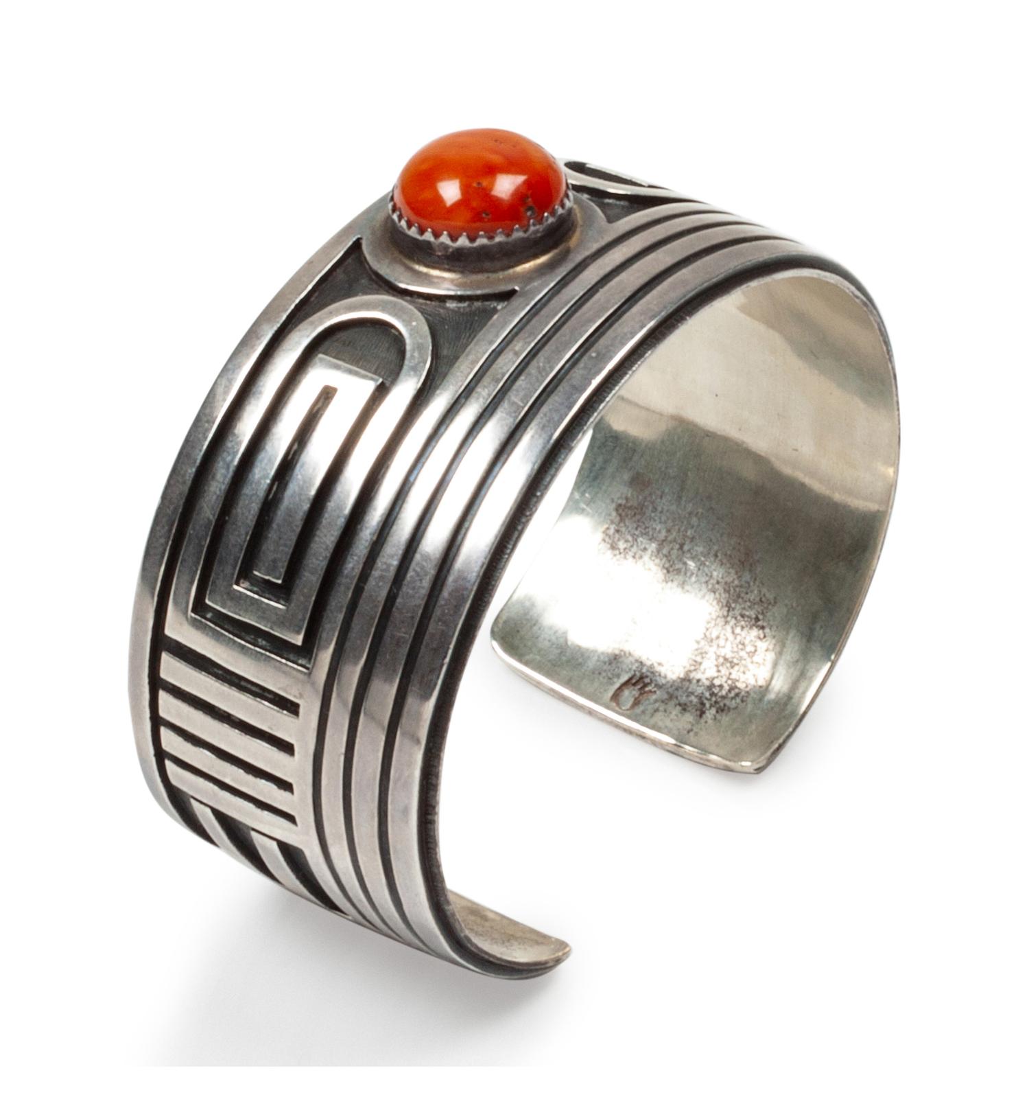 Silver overlay cuff bracelet with coral cabochon