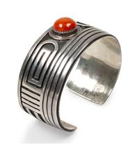 Silver overlay cuff bracelet with coral cabochon