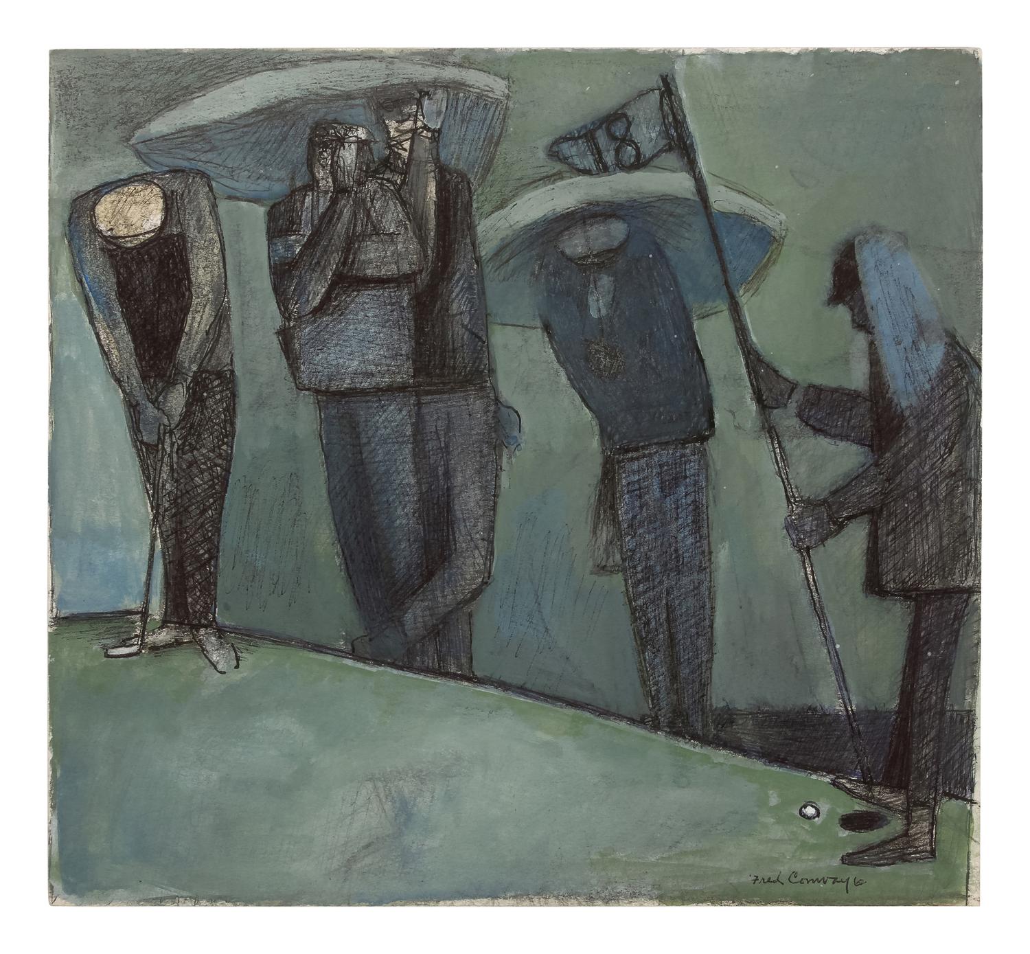 Four works: 19th Hole, 1971; Untitled (Golf Scene); Untitled (Golfers Under Tree); and Golfers ABC , 1964