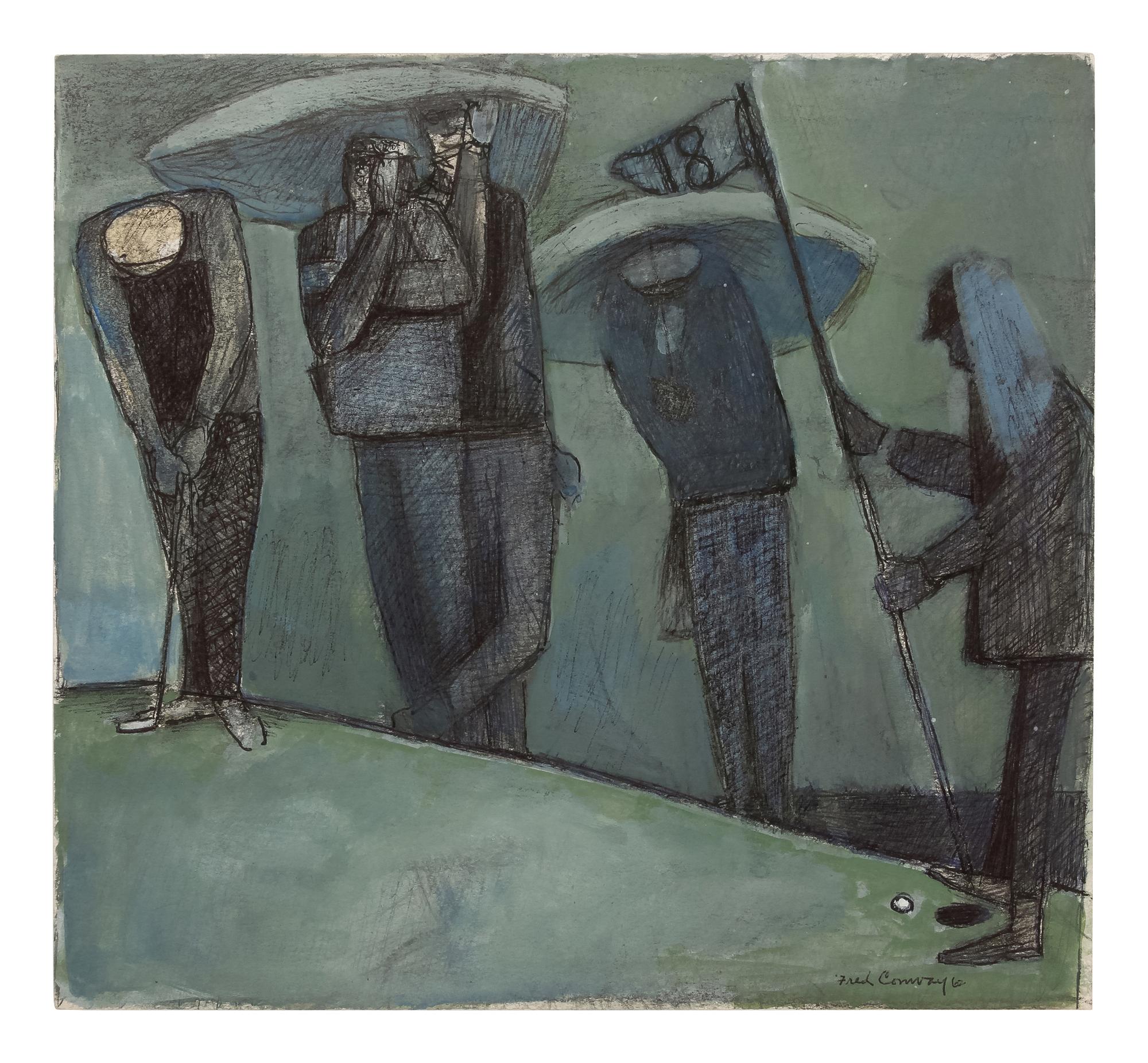Four works: 19th Hole, 1971; Untitled (Golf Scene); Untitled (Golfers Under Tree); and Golfers ABC , 1964