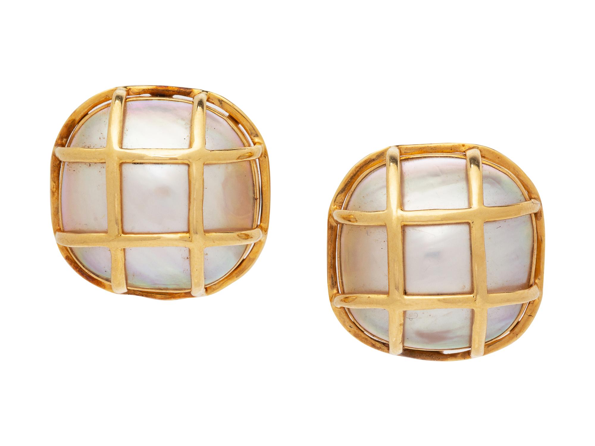 A Pair of 14 Karat Yellow Gold and Cultured Mabe Pearl Earclips,