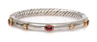 A Sterling Silver, 18 Karat Yellow Gold, Pink Tourmaline and Diamond 'Cable' Bangle Bracelet, David Yurman, 15.90 dwts.
