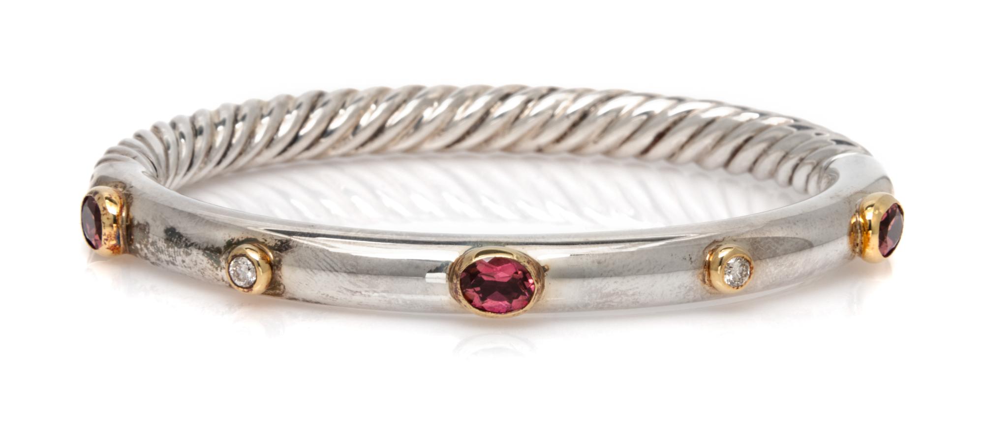 A Sterling Silver, 18 Karat Yellow Gold, Pink Tourmaline and Diamond 'Cable' Bangle Bracelet, David Yurman, 15.90 dwts.