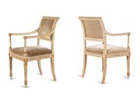 A Pair of Dennis and Leen Painted and Parcel Gilt Armchairs