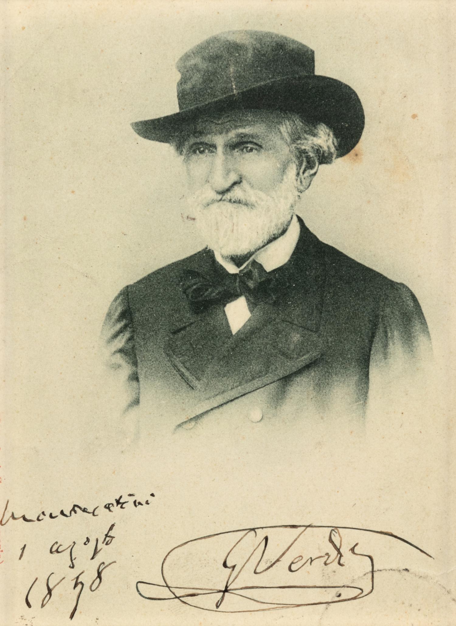 VERDI, Giuseppe (1813-1901). Photographic postcard signed (“G Verdi”), Montecatini, 1 August 1858.
