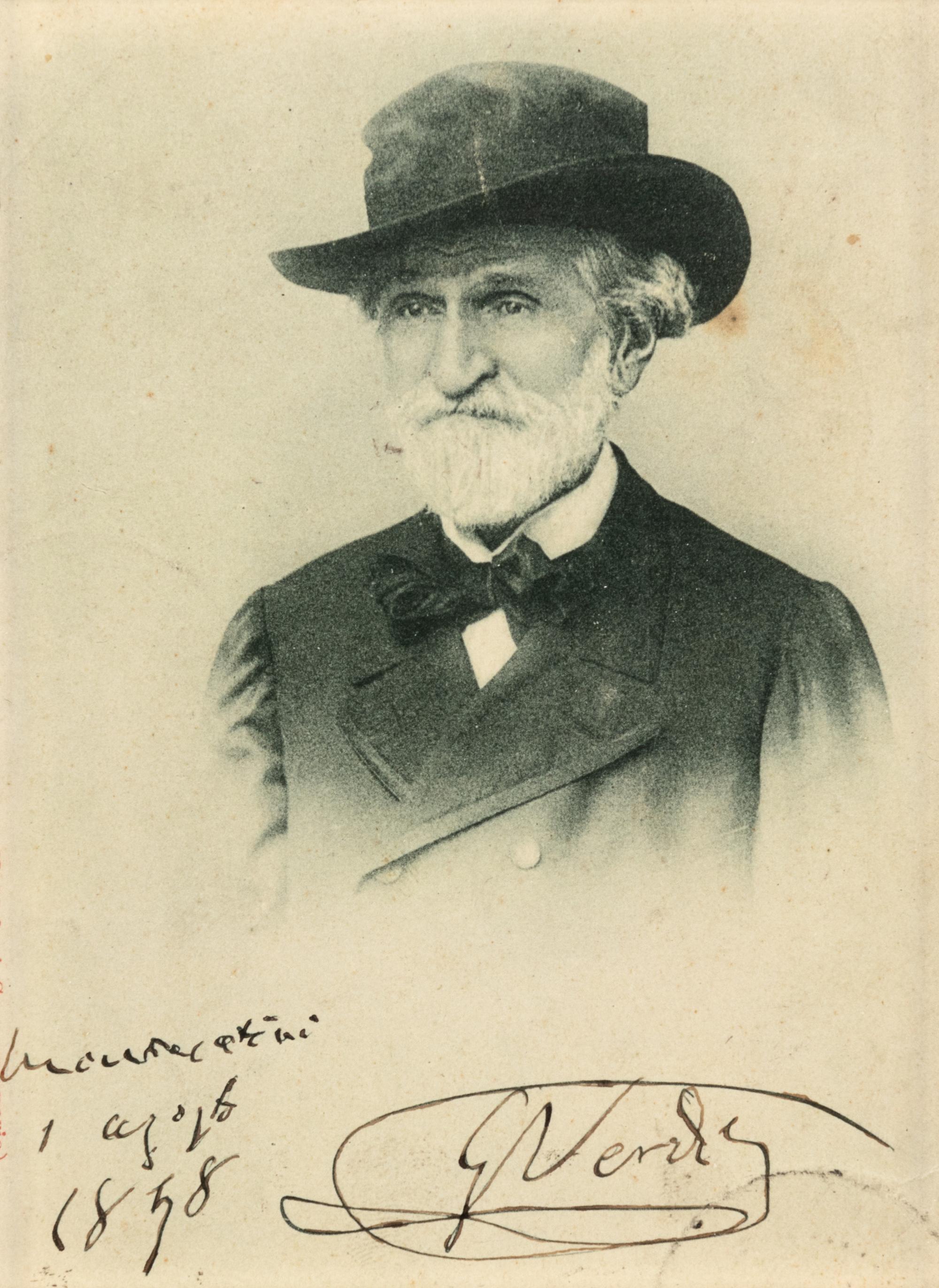 VERDI, Giuseppe (1813-1901). Photographic postcard signed (“G Verdi”), Montecatini, 1 August 1858.
